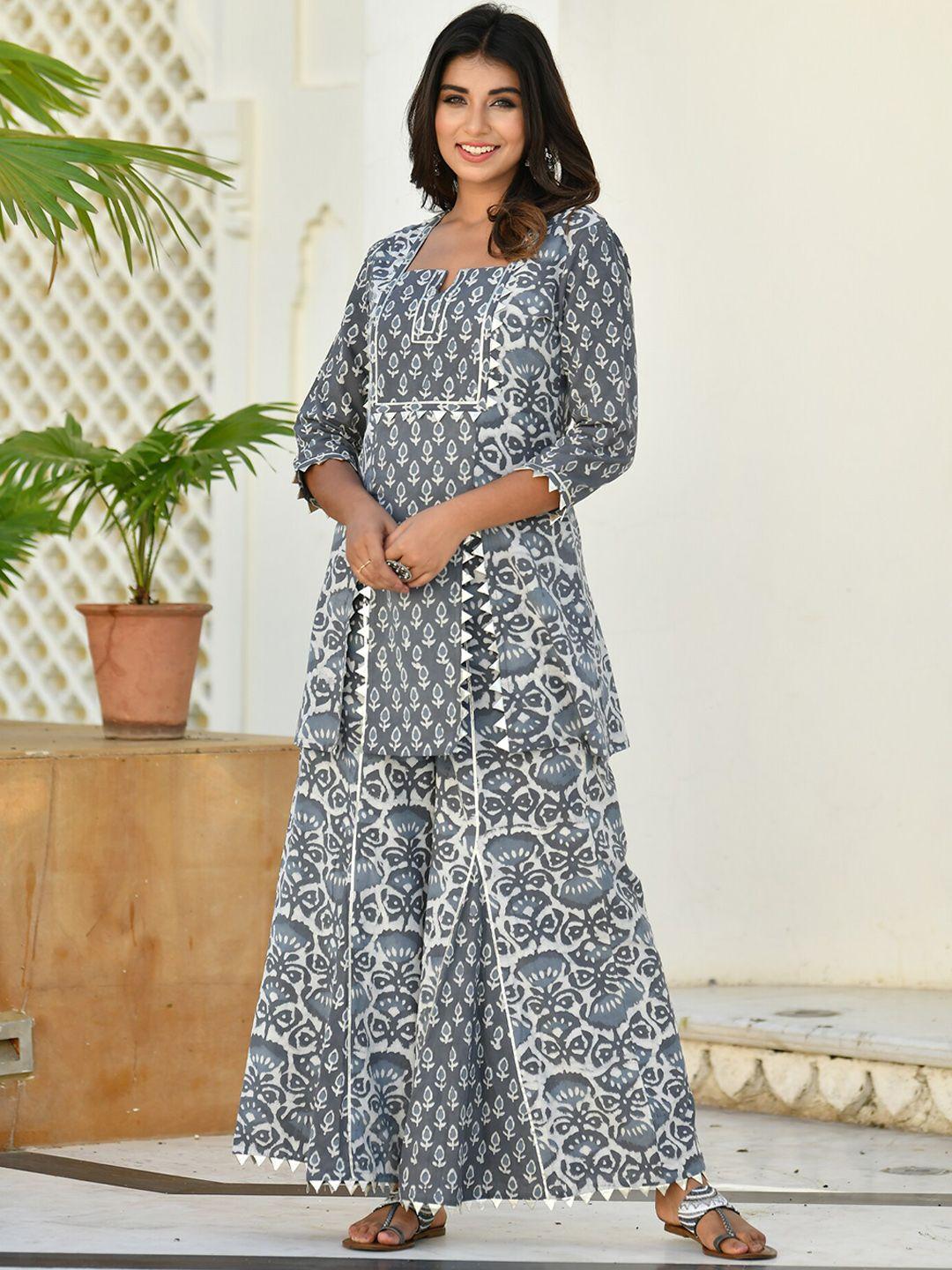 mulmul.com women grey ethnic motifs printed pure cotton kurta with sharara
