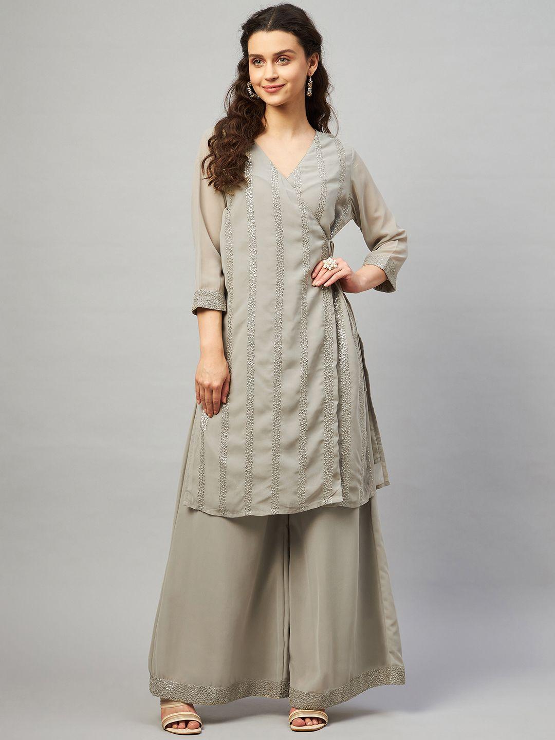 mulmul.com women grey striped angrakha sequinned kurta with palazzos