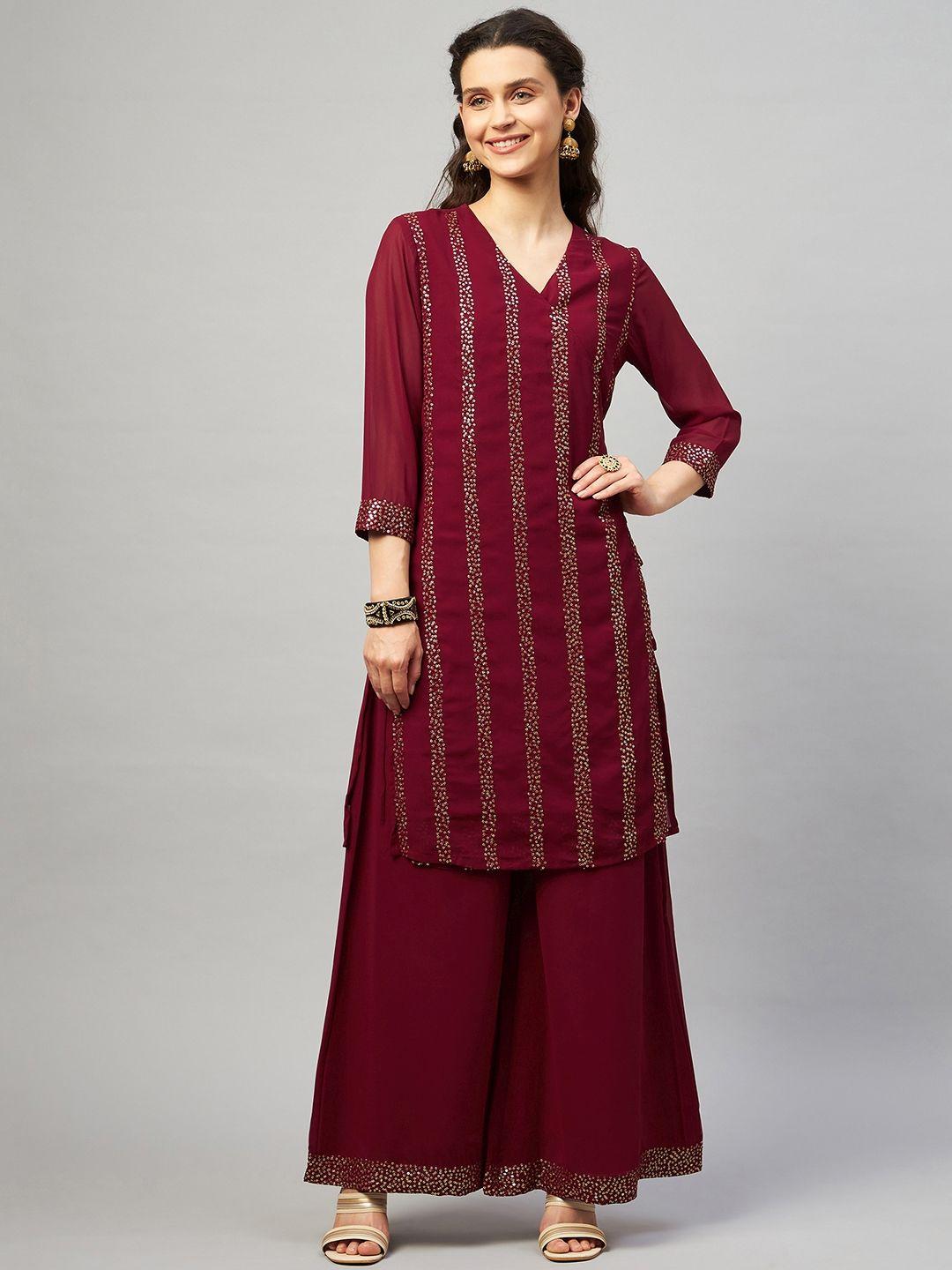 mulmul.com women maroon sequinned embroidered angrakha kurta with palazzos
