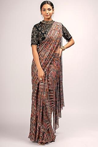 multi colored draped saree set with printed