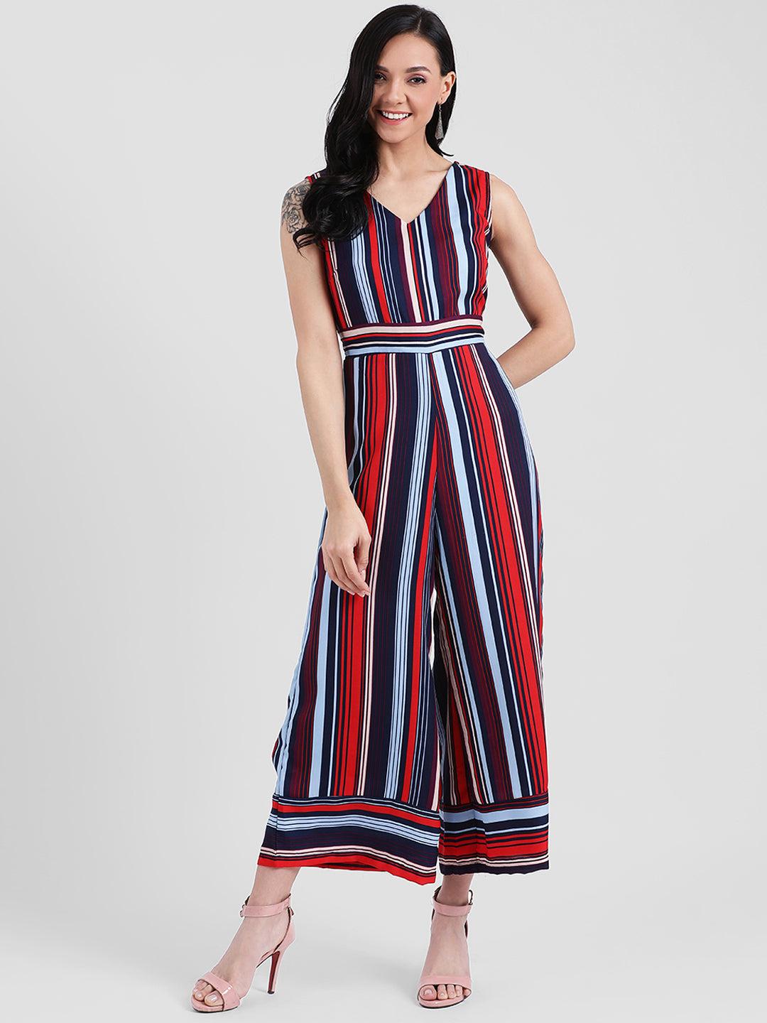 multi colored striped straight jumpsuit for women