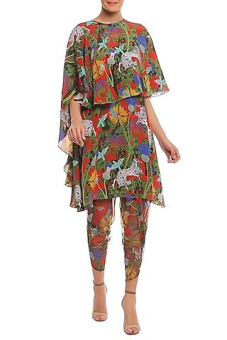 multi colored unicorn meadow printed tunic with dhoti pants & cape