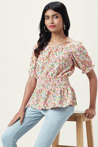 multi floral printed casual half sleeves square neck women comfort fit top