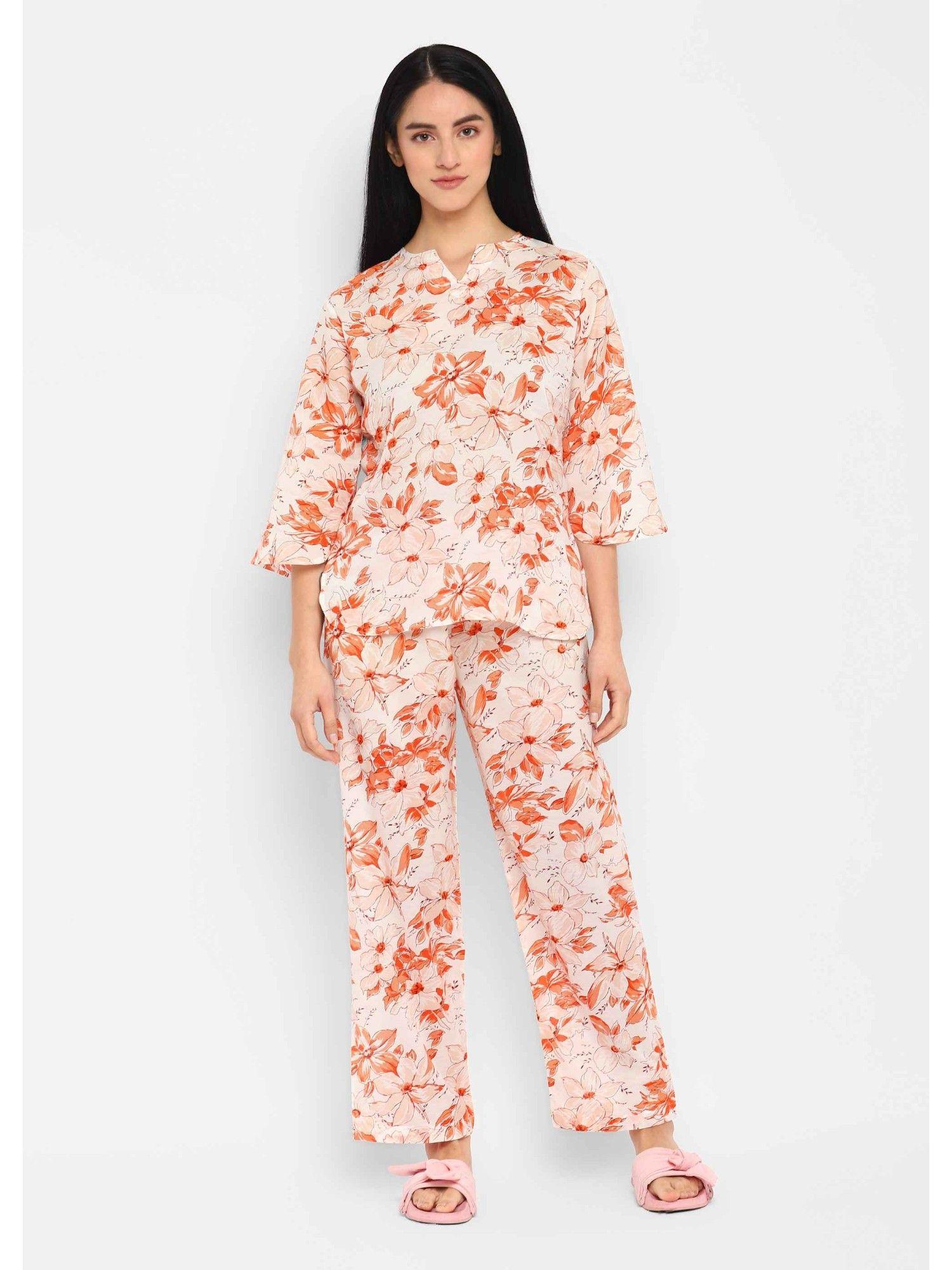 multi flower orange print cotton long sleeve womens night suit (set of 2)