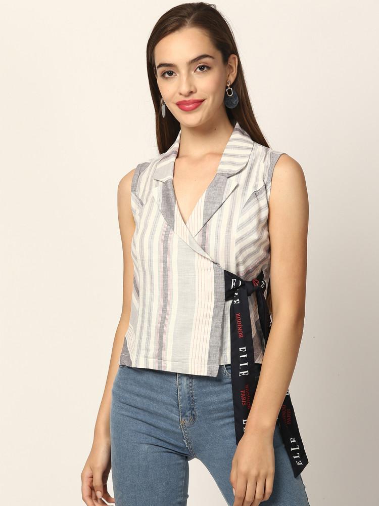 multi striped notched lapel top