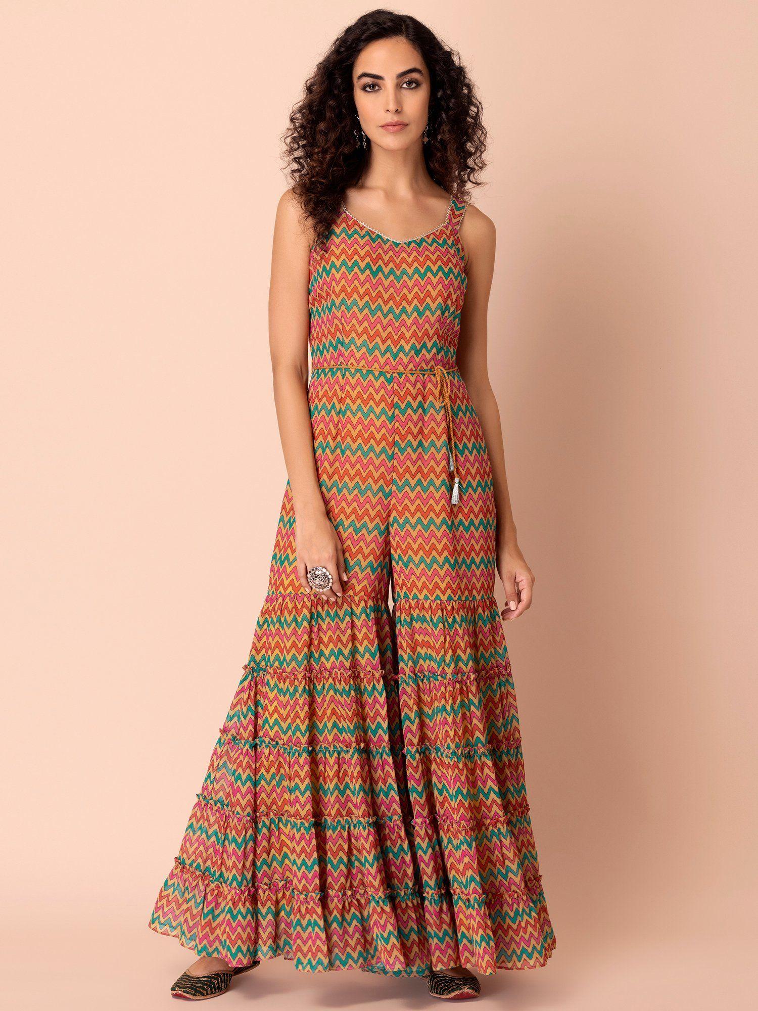 multi bandhani printed tiered jumpsuit