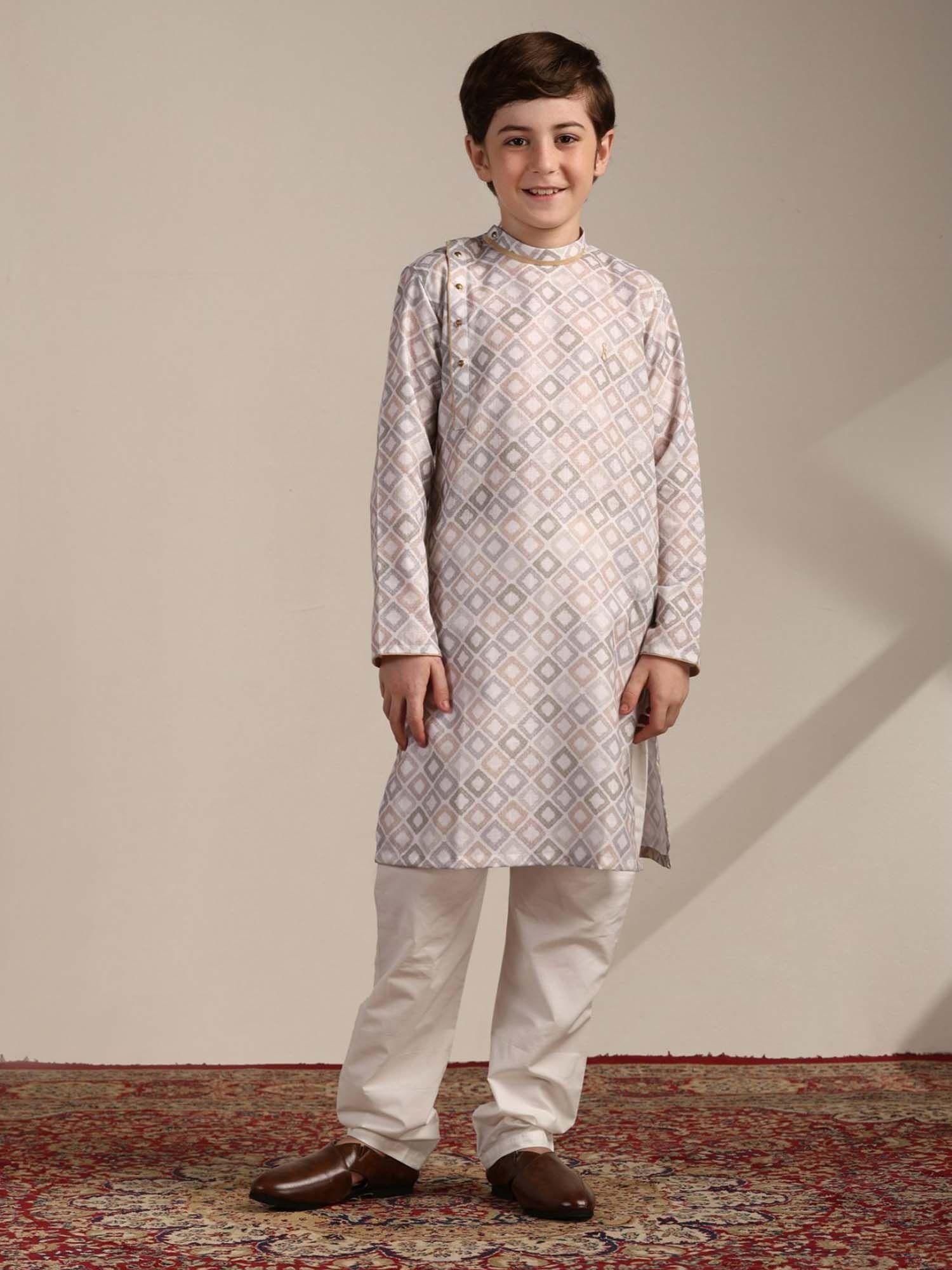 multi blended cotton printed high collar traditional kurta pyjama (set of 2)