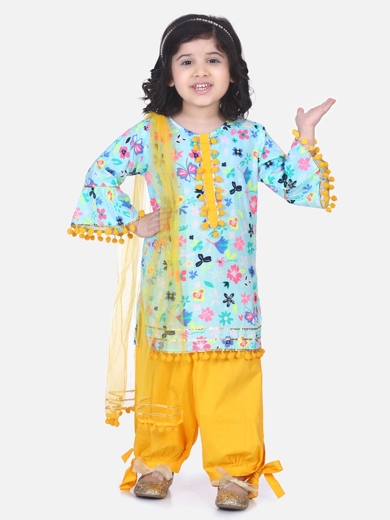 multi-color floral pom pom bell sleeve kurta with salwar set printed