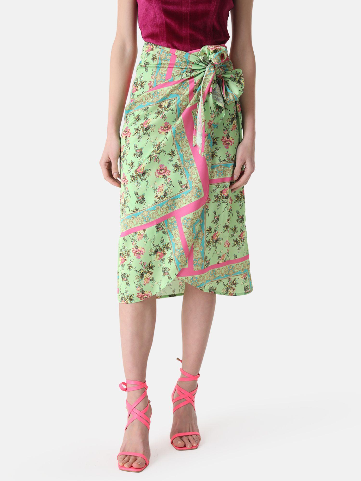 multi-color floral wrap midi skirt