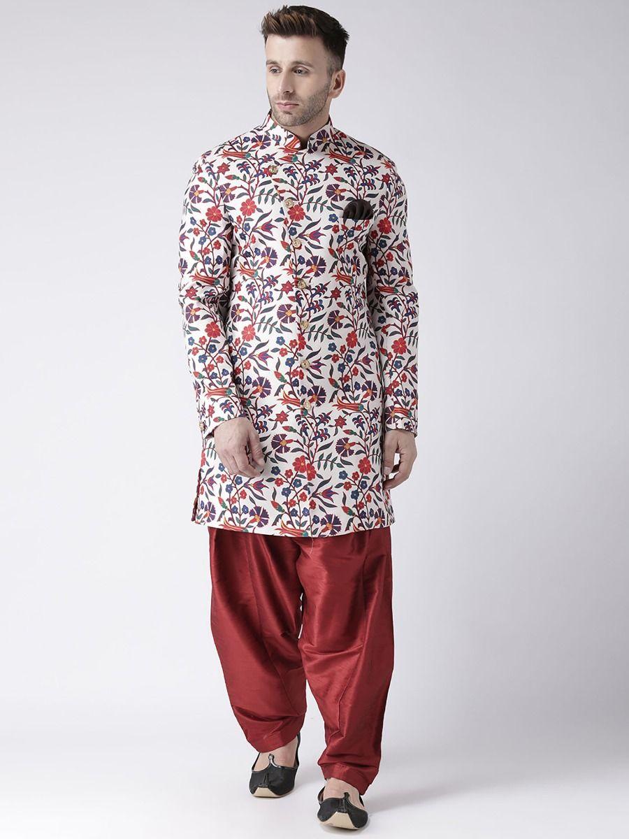 multi-color printed sherwani and pyjama (set of 2)