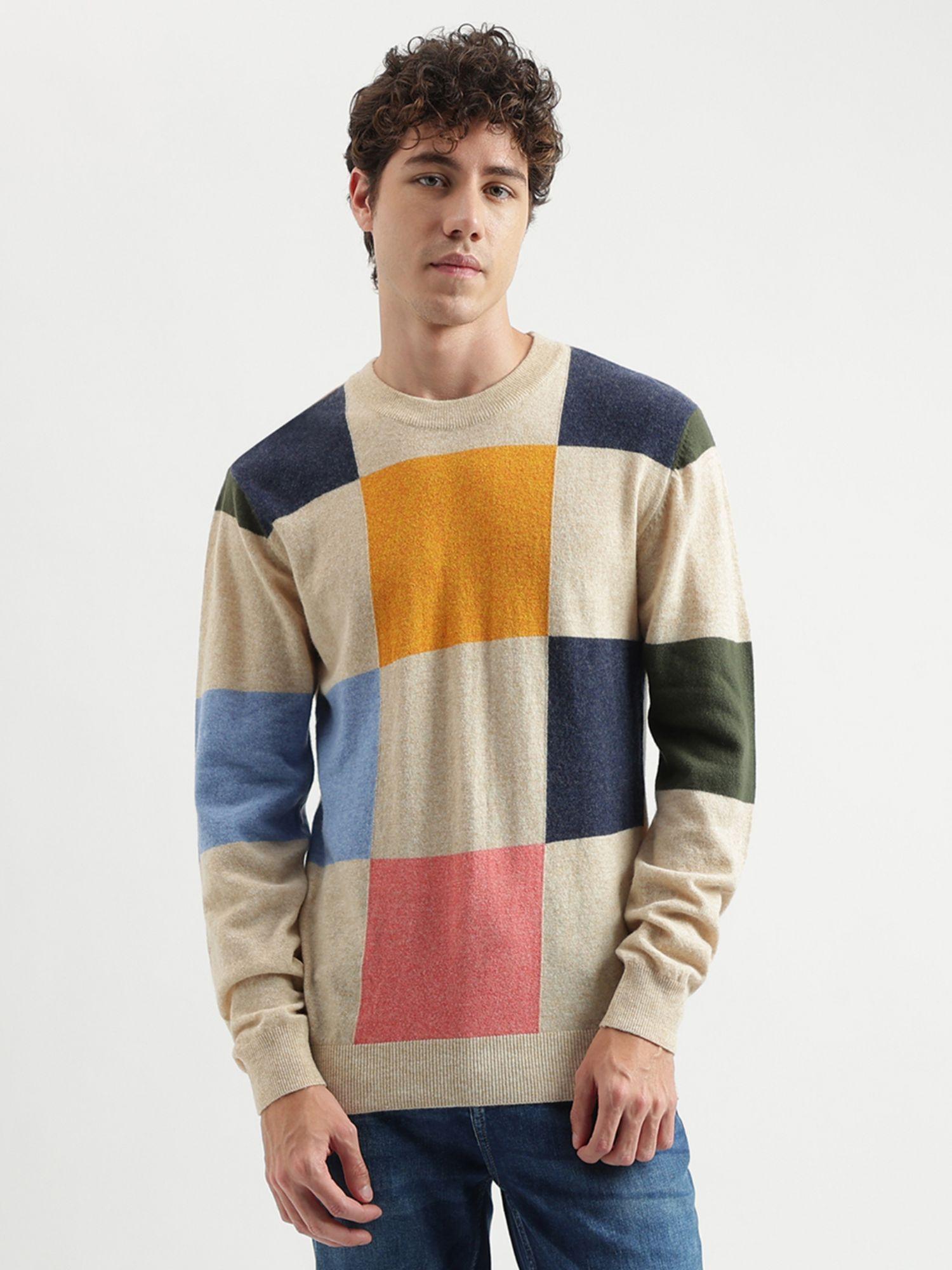 multi-color regular fit round neck checked pattern sweater