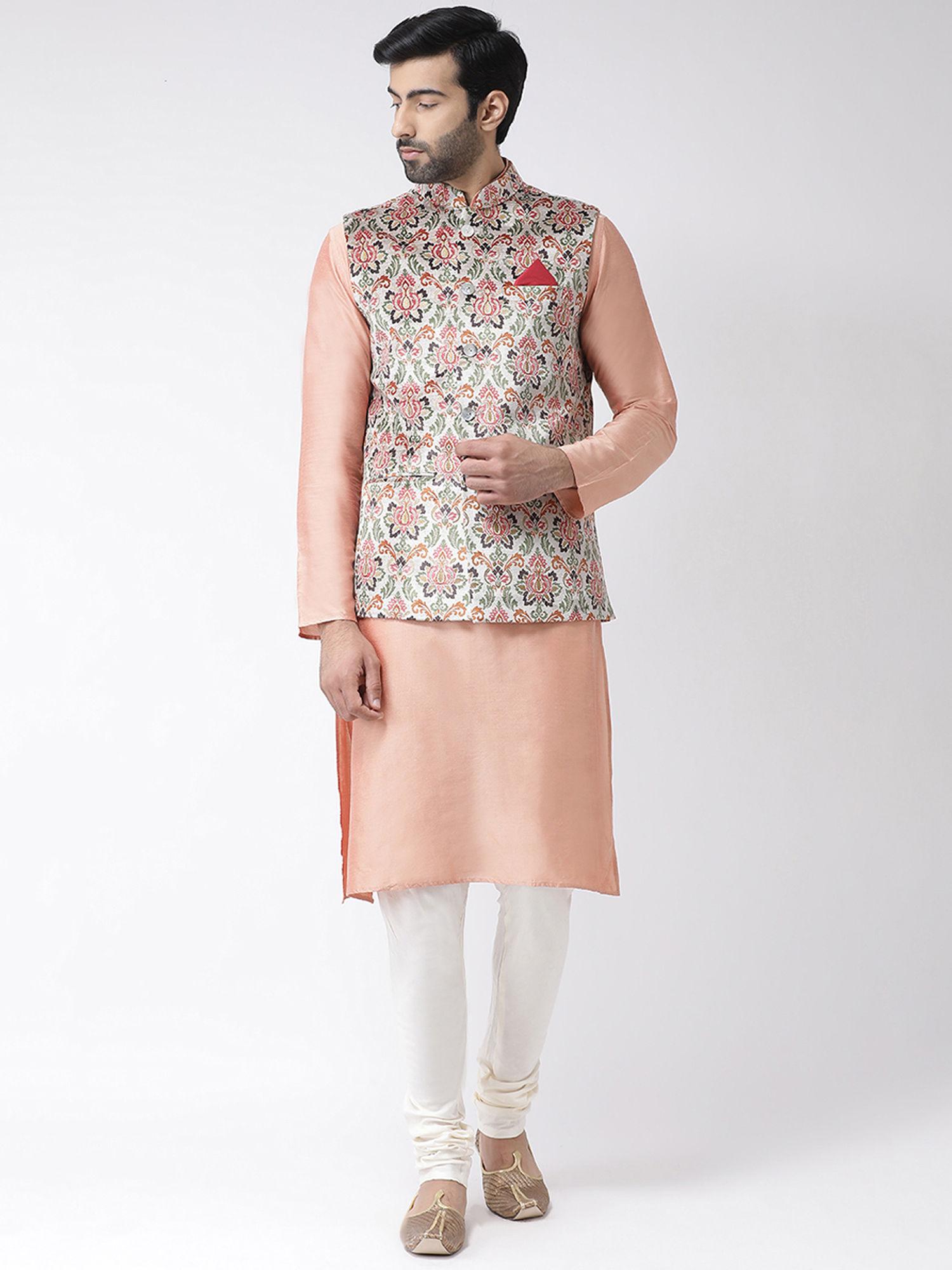 multi-color solid kurta with churidar and jacket (set of 3)
