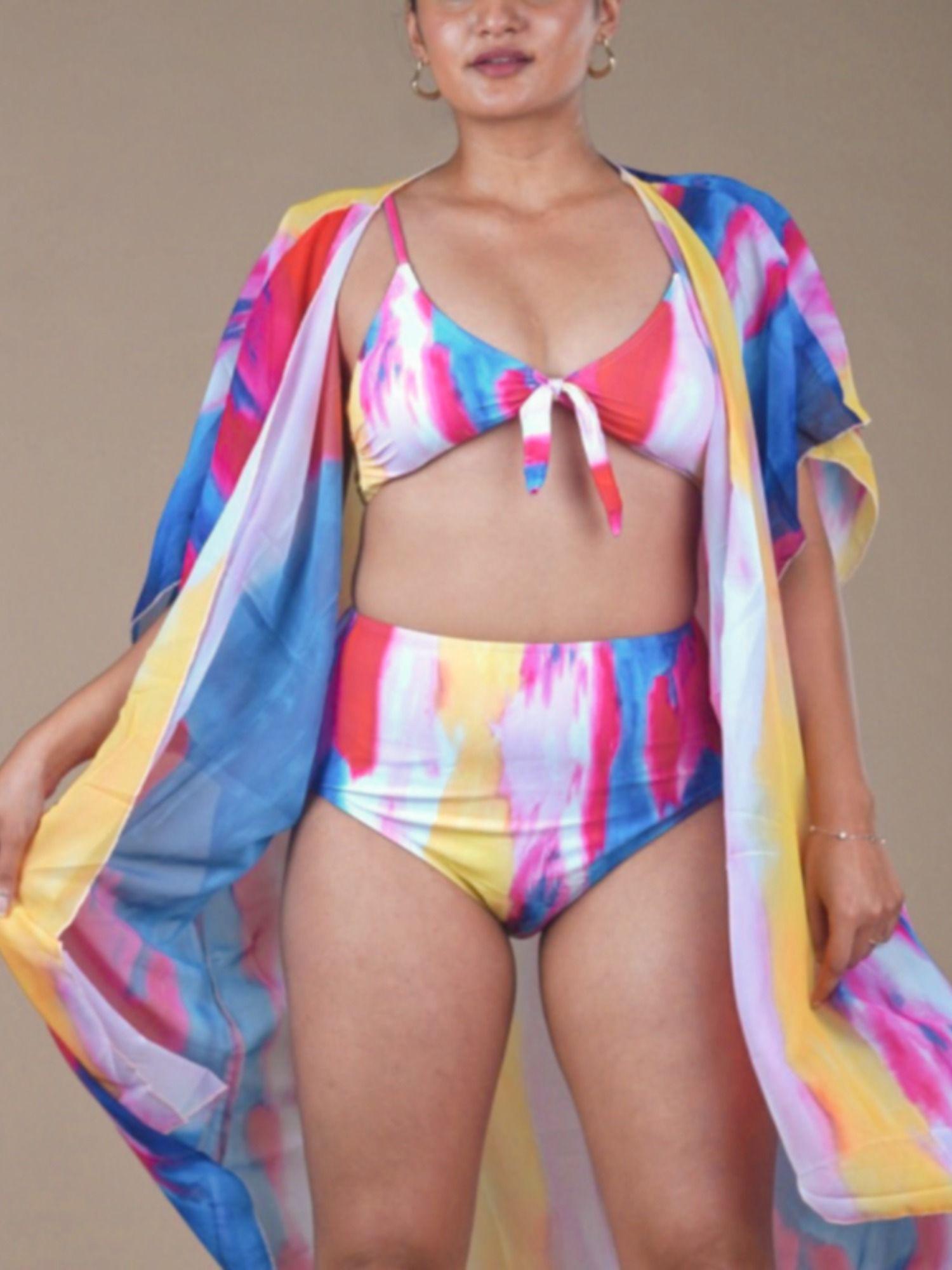 multi-color 2 piece bikini with a coverup (set of 3)