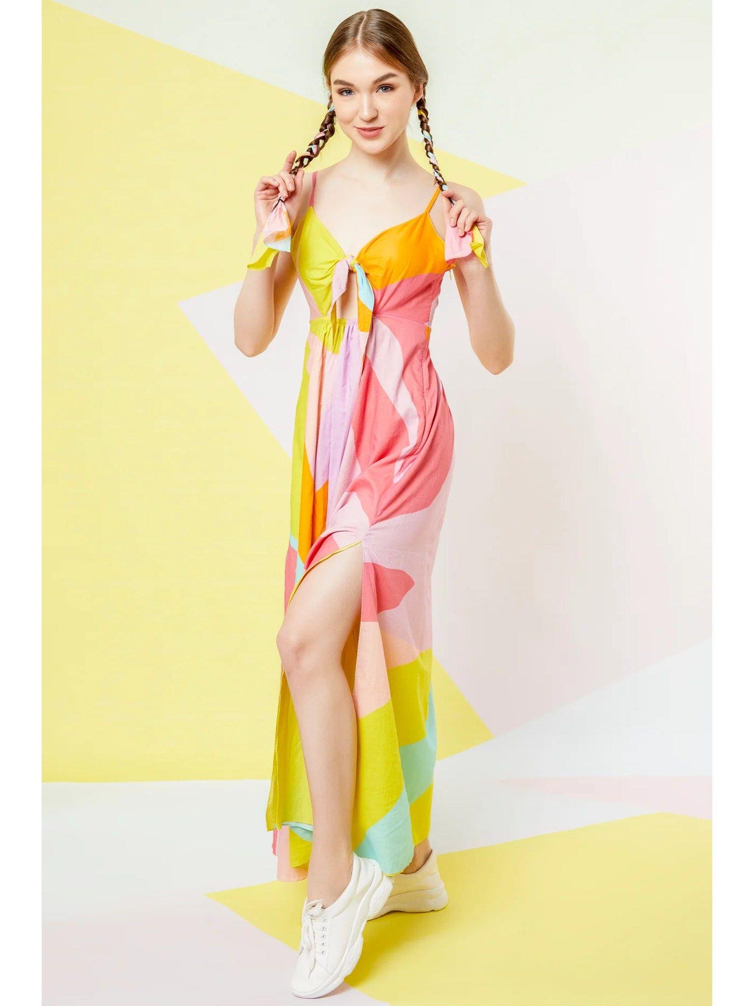 multi-color abstract leaf front tie-up maxi dress