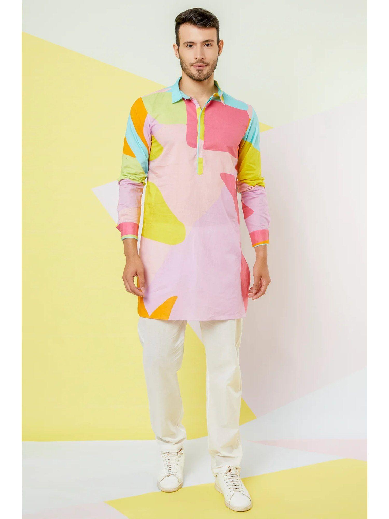 multi-color abstract leaf kurta with white pants (set of 2)