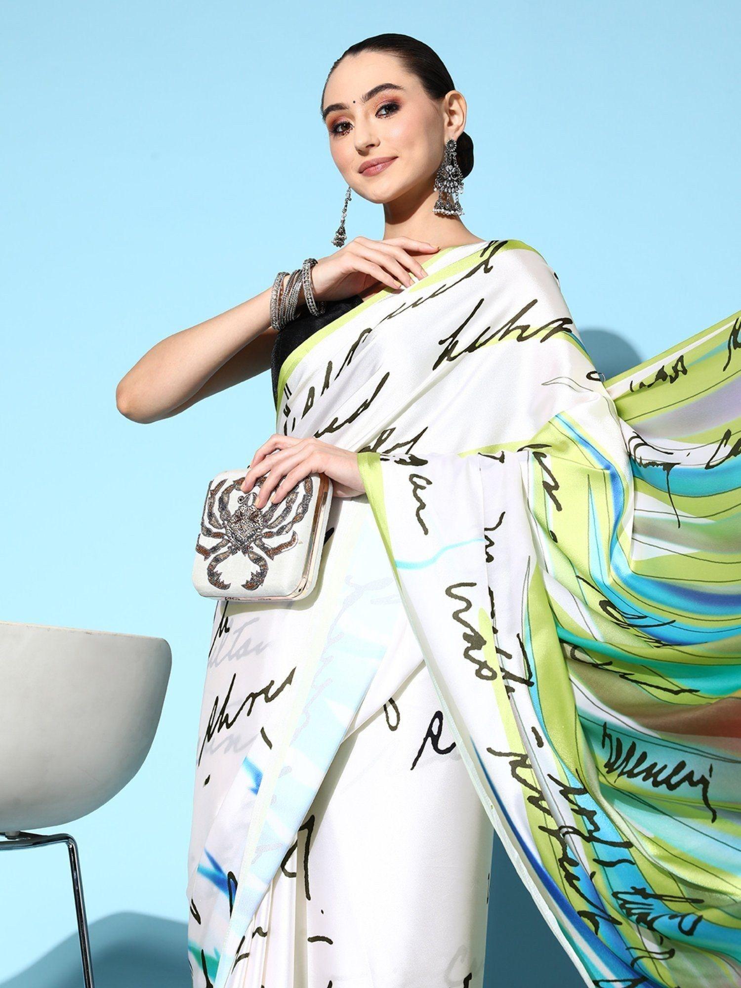 multi-color abstract print satin saree with unstitched blouse