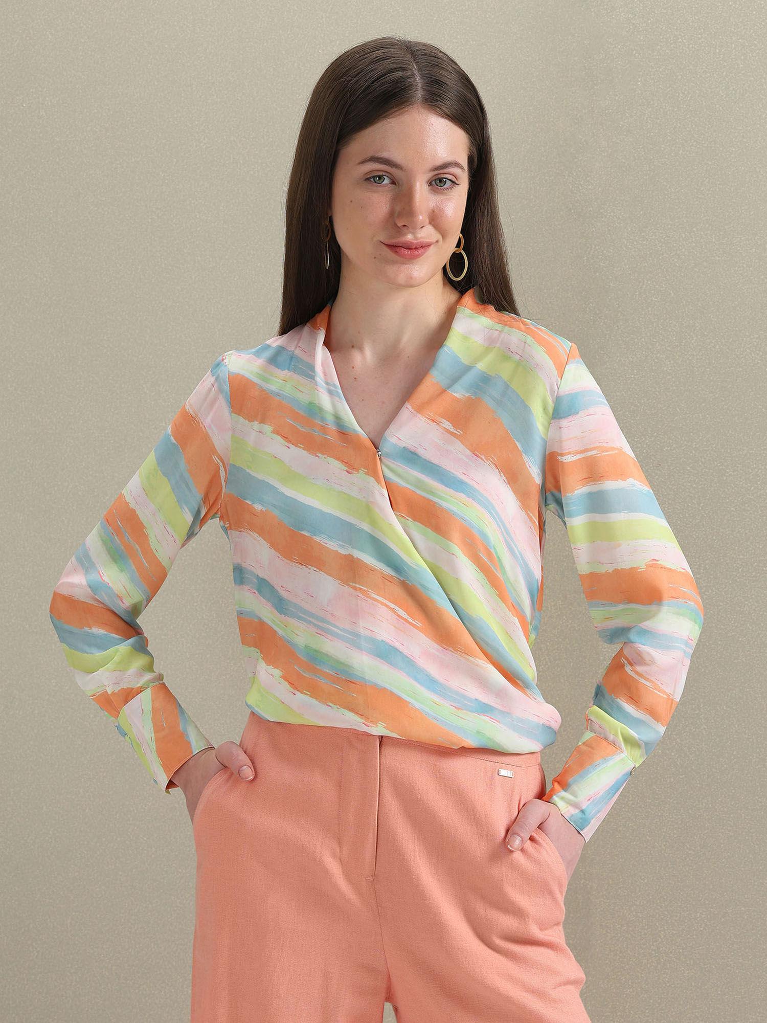 multi-color abstract print satin wrap top