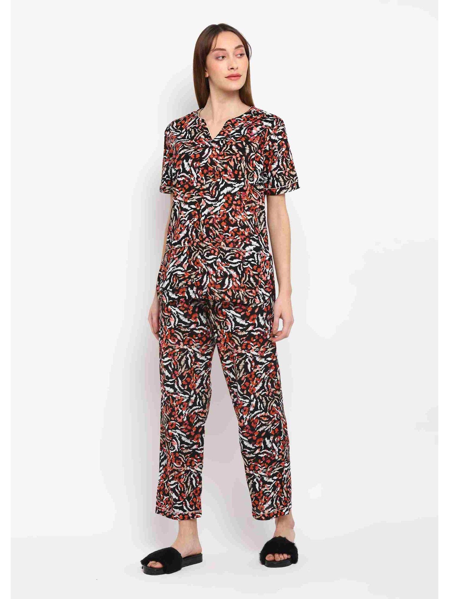 multi color abstract print short sleeve womens night suit (set of 2)