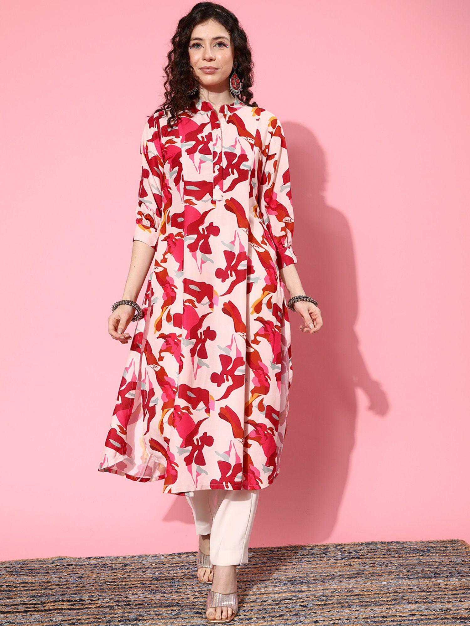 multi-color abstract printed a-line kurta with bishop sleeves