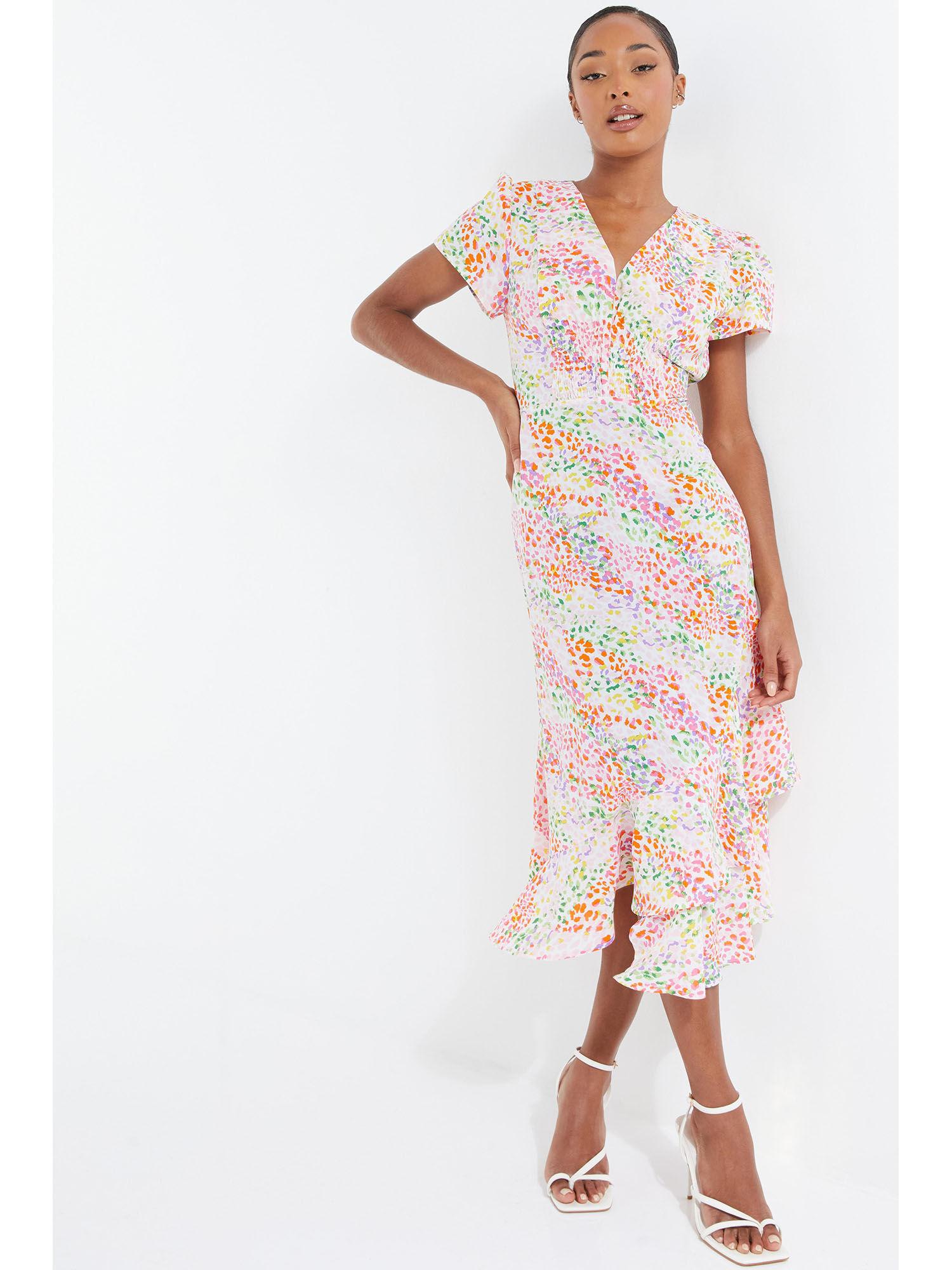 multi-color animal woven spot frill sleeve midi dress