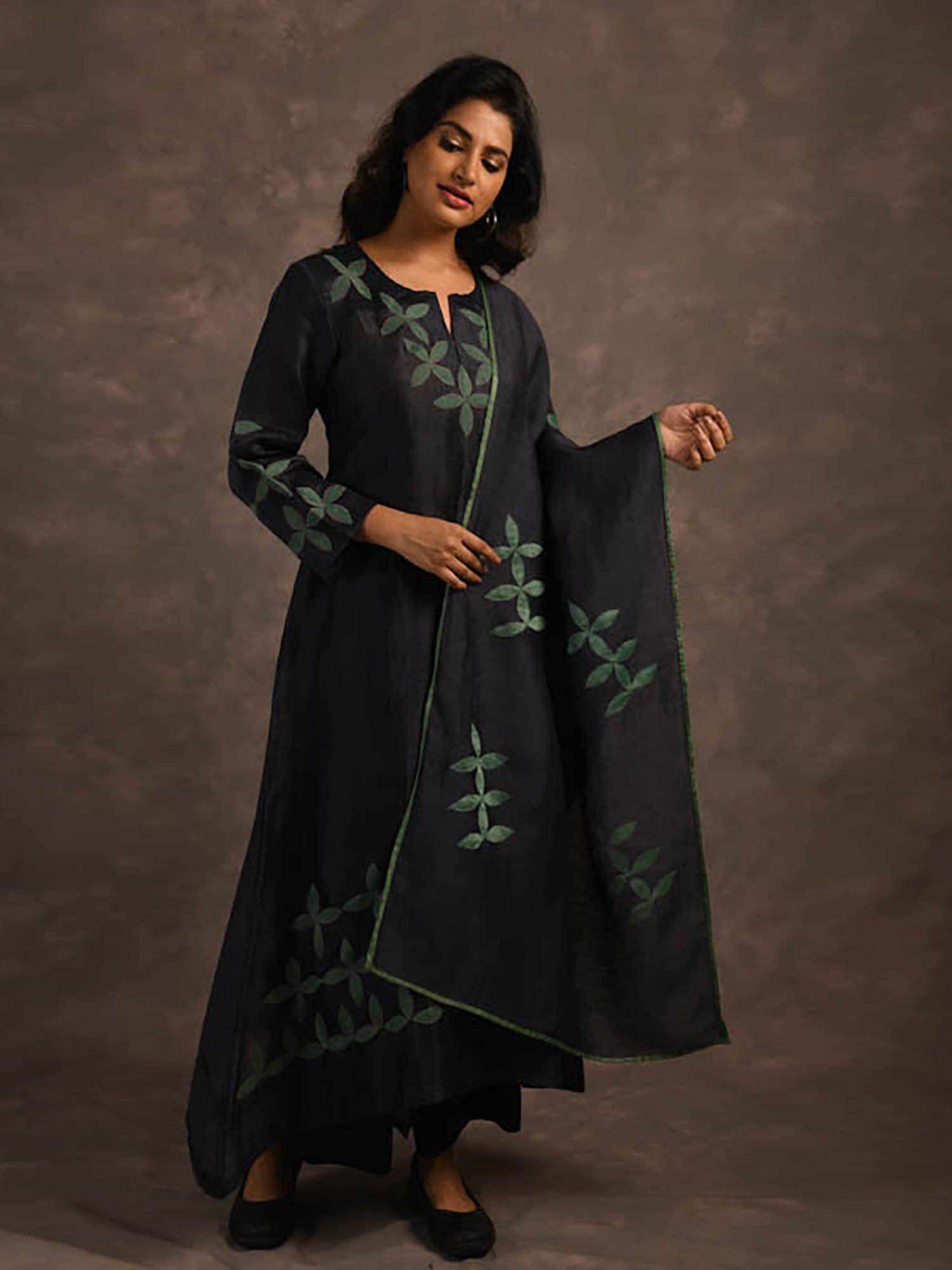 multi-color applique embroidery kurta & dupatta with cotton pant (set of 3)