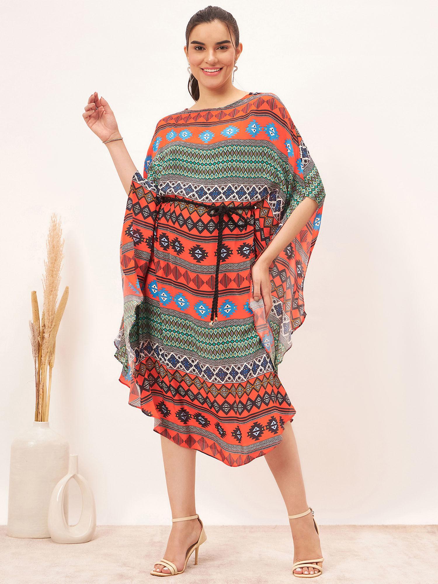 multi color aztec poncho midi dress with belt (set of 2)