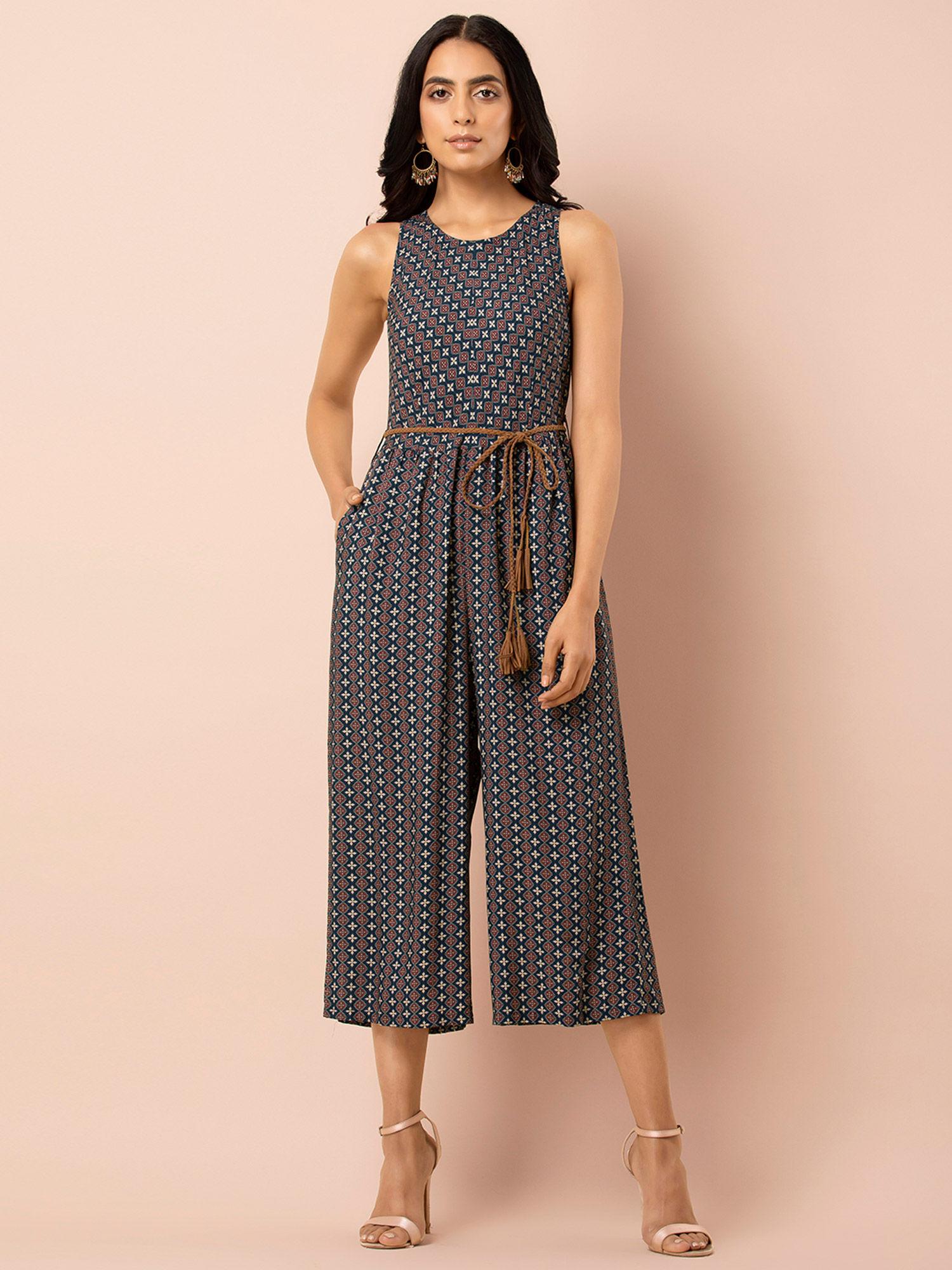 multi-color belted culotte jumpsuit with side pockets