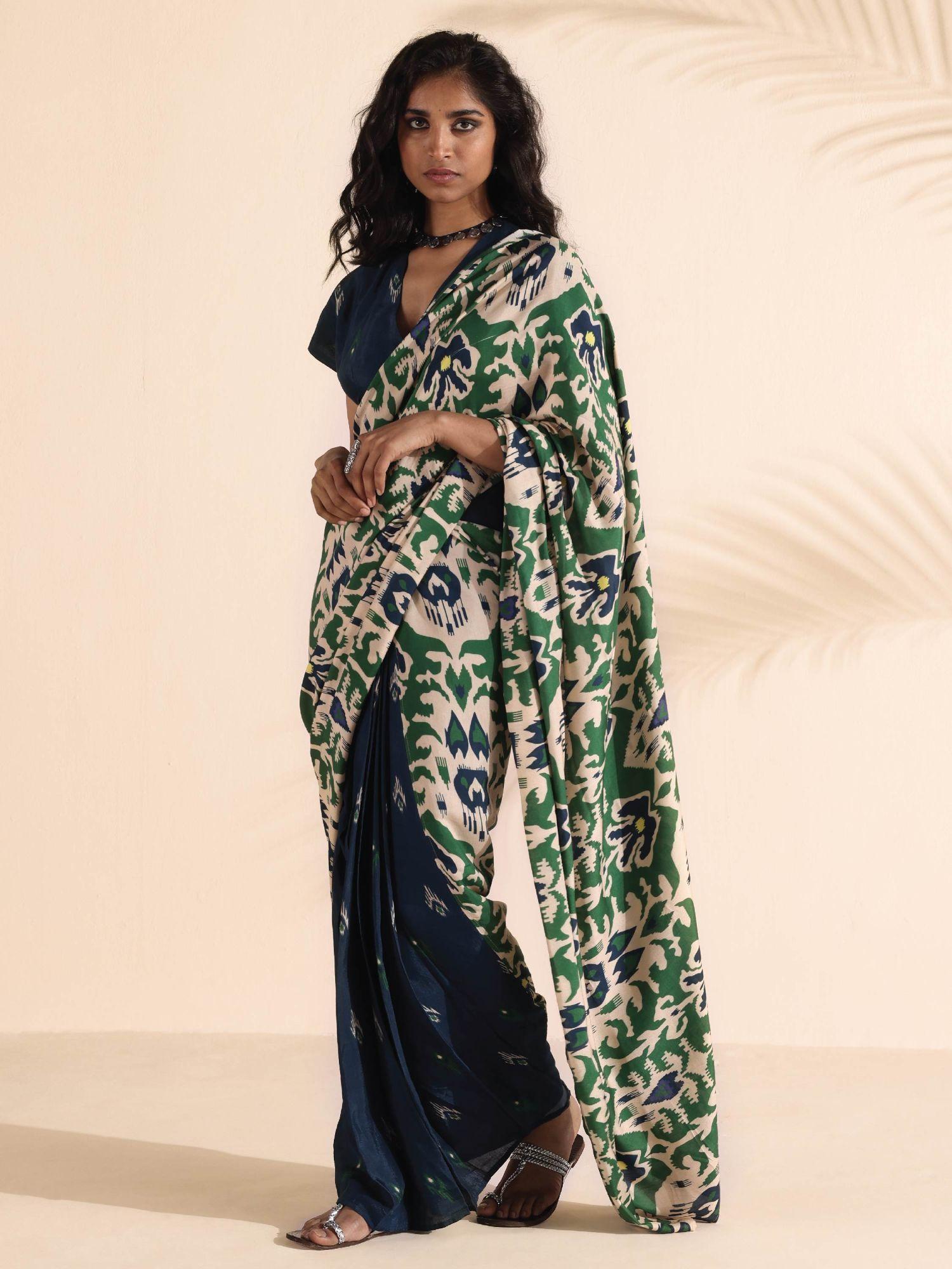 multi-color blue muslin ikat saree without blouse