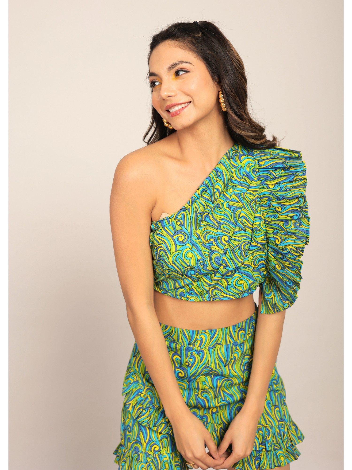 multi-color bust fitted one off sholder crop top