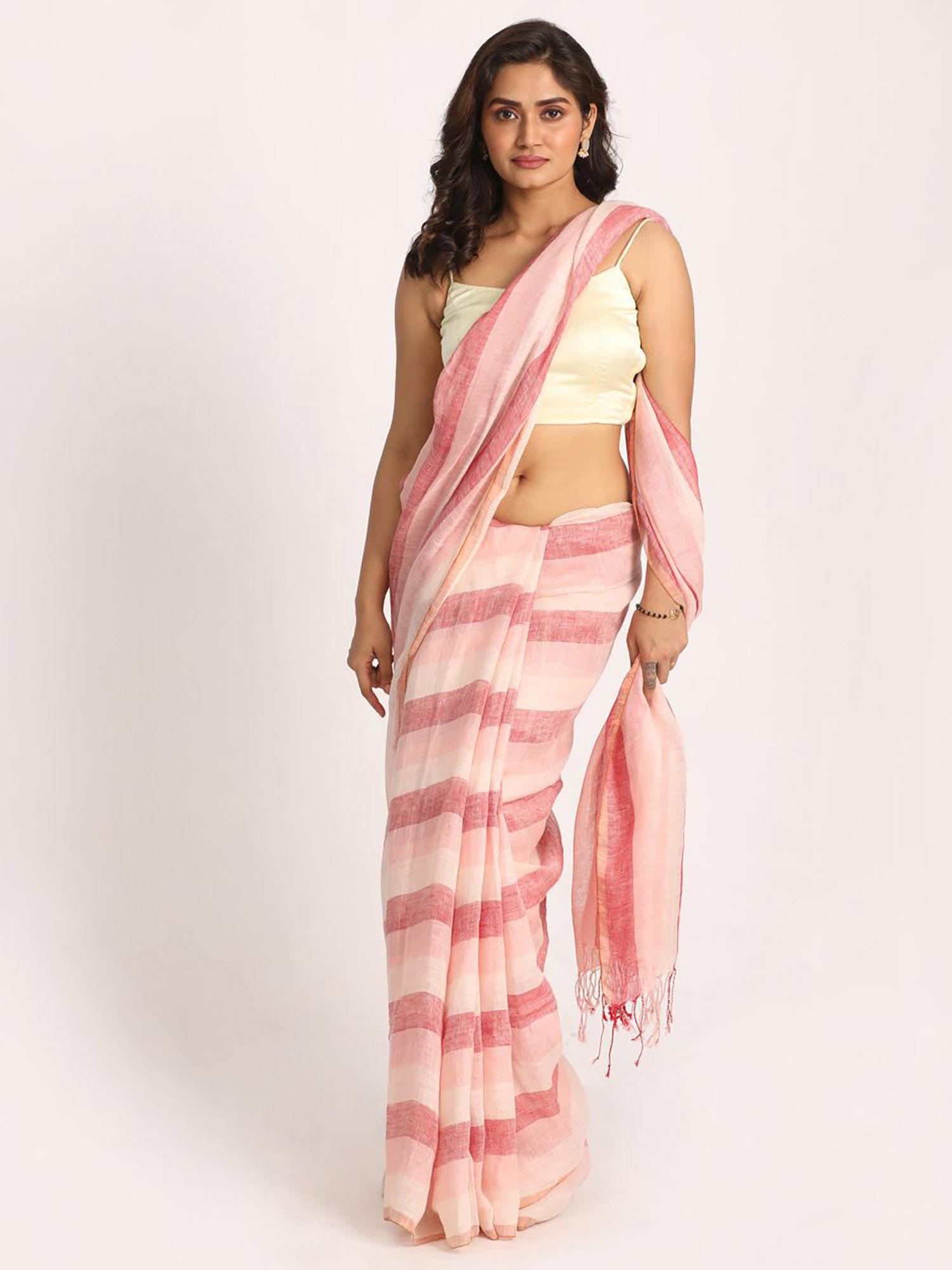 multi-color check traditional handloom linen saree with unstitched blouse