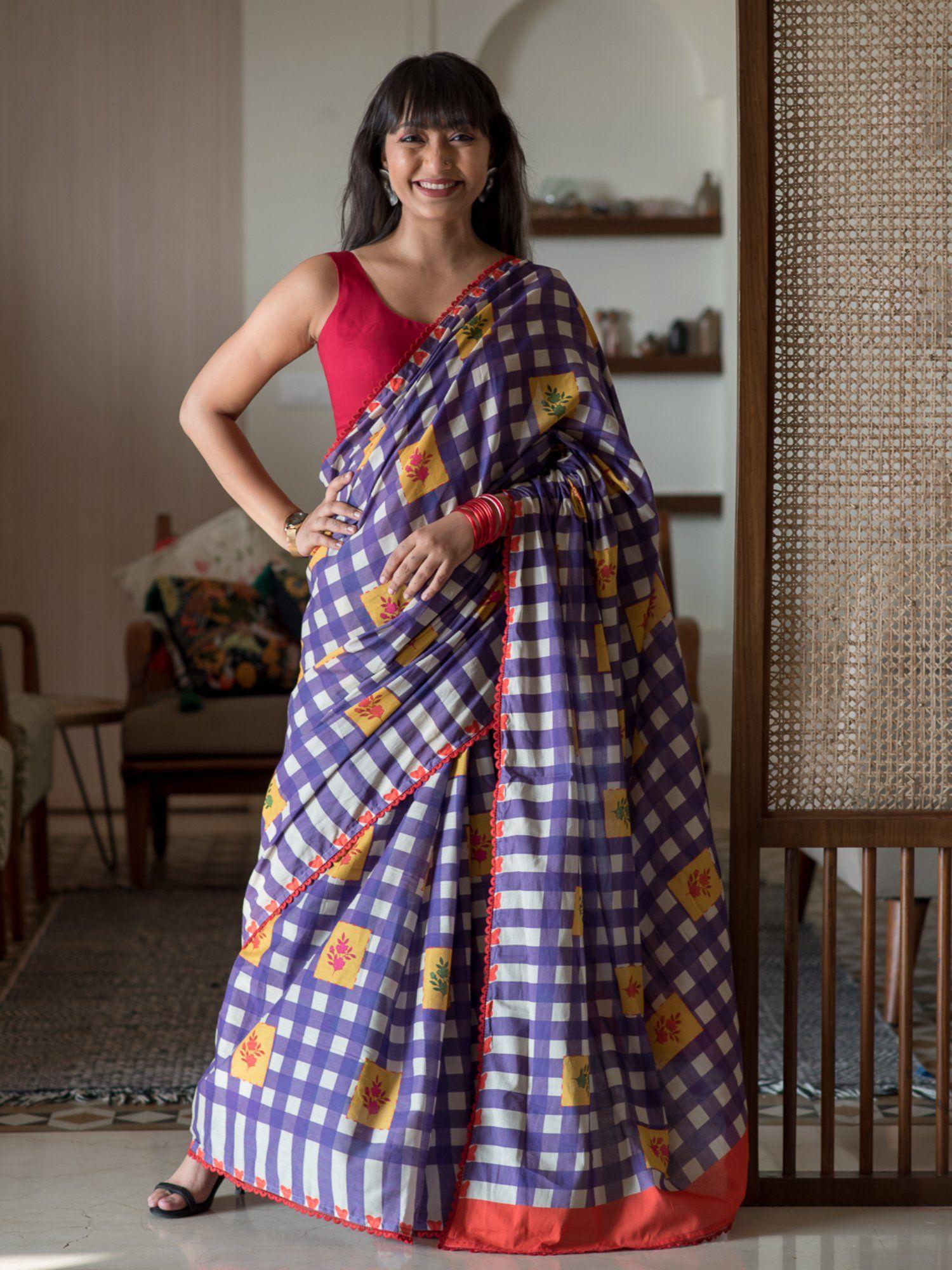 multi color checked pure cotton saree without blouse