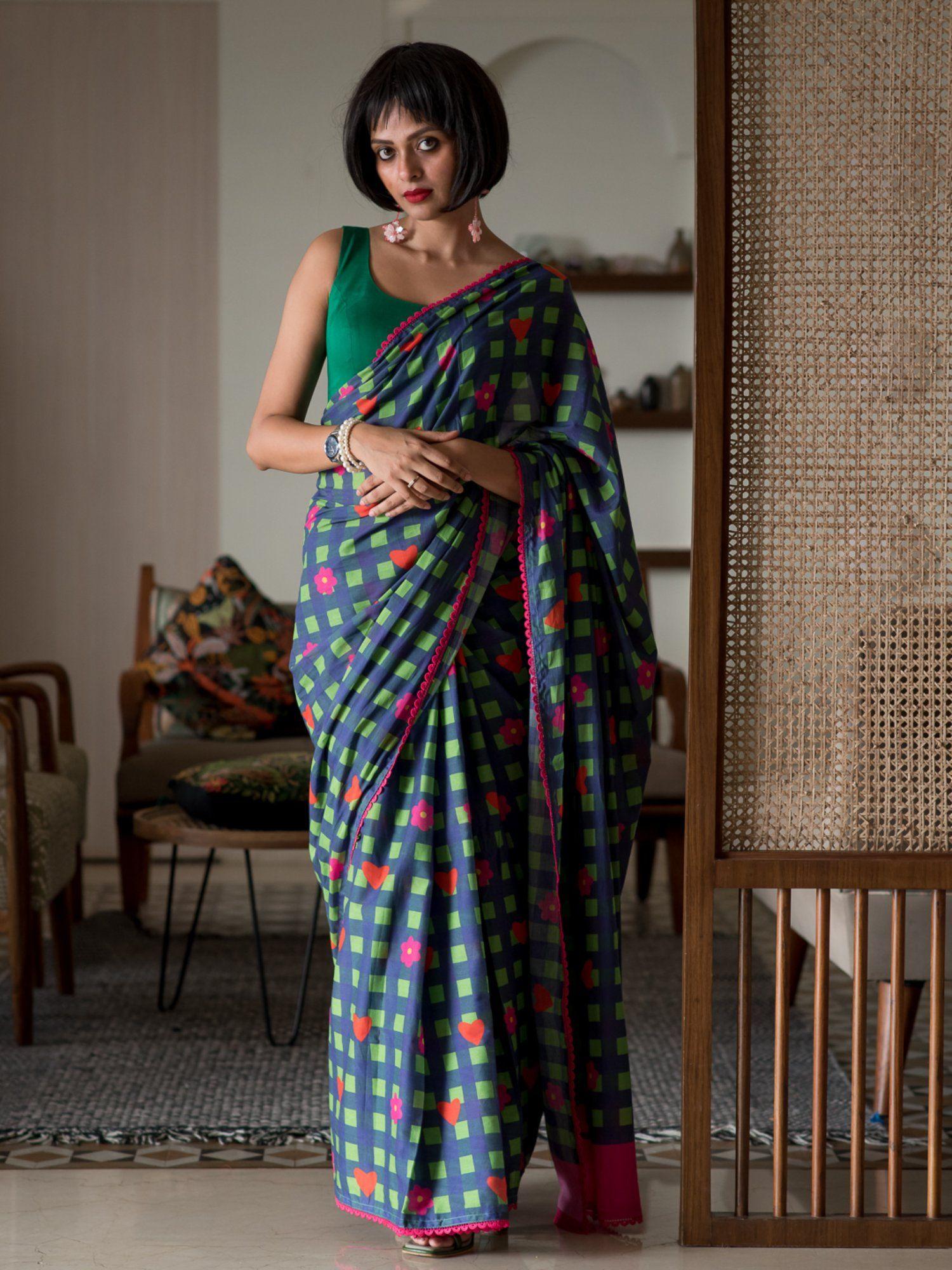 multi color checked pure cotton saree without blouse