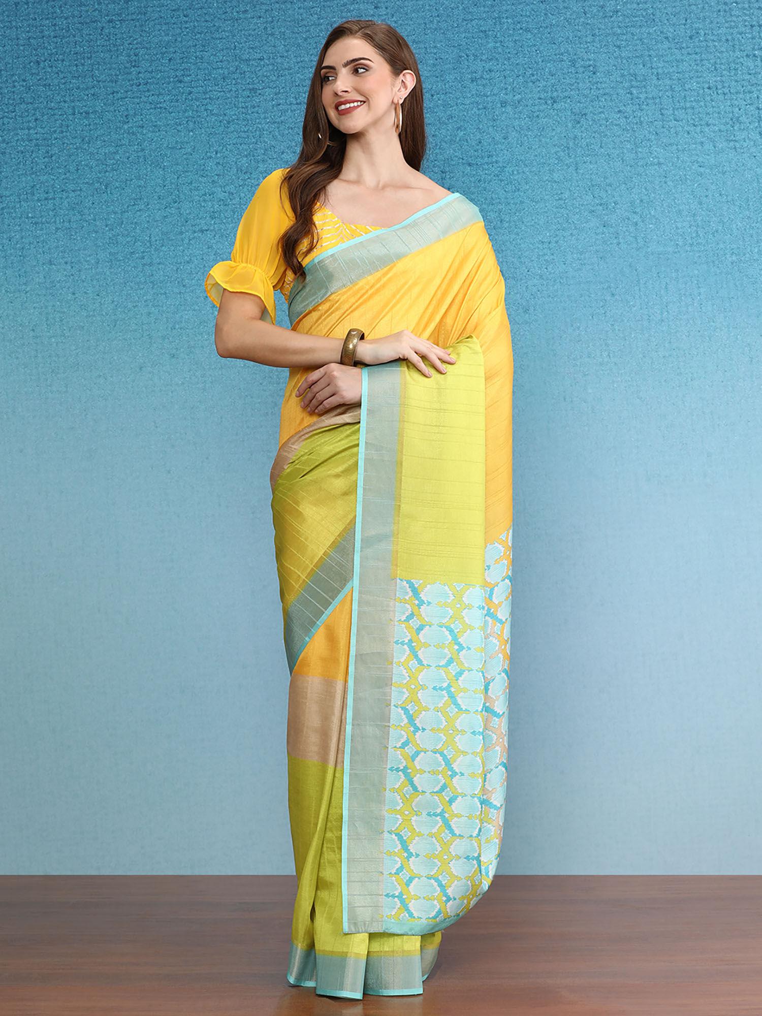 multi-color color blocked zari border printed silk saree with unstitched blouse