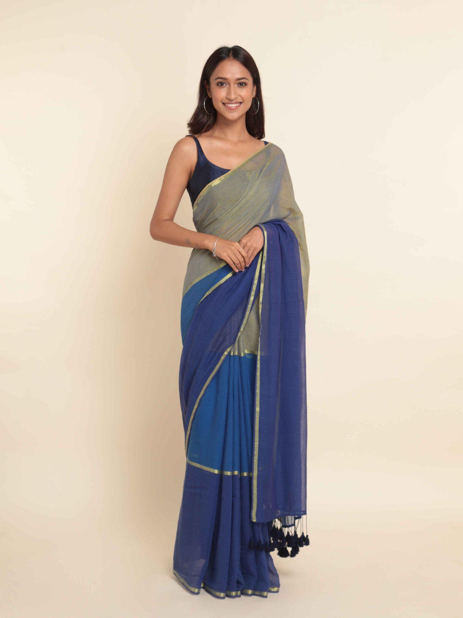 multi-color colorblock cotton blend saree