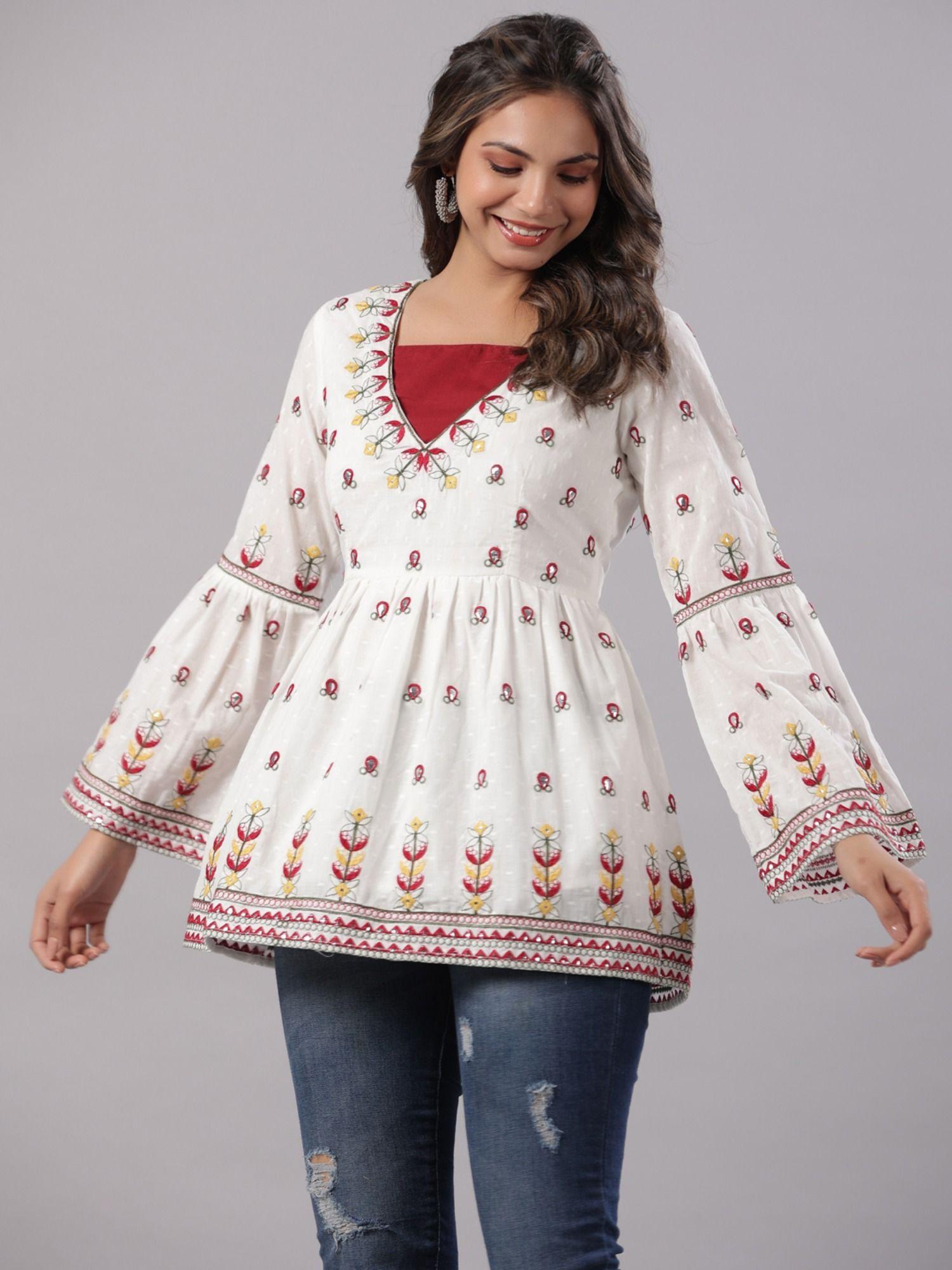 multi-color cotton dobby peplum tunic with thread & mirror embroidery