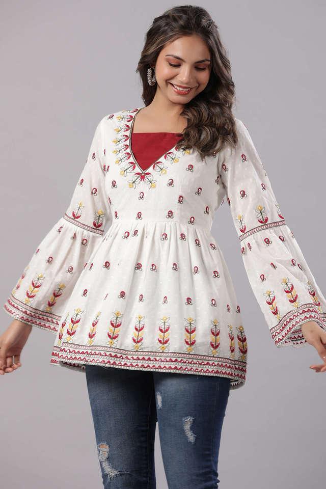 multi-color cotton dobby peplum tunic with thread _ mirror embroidery