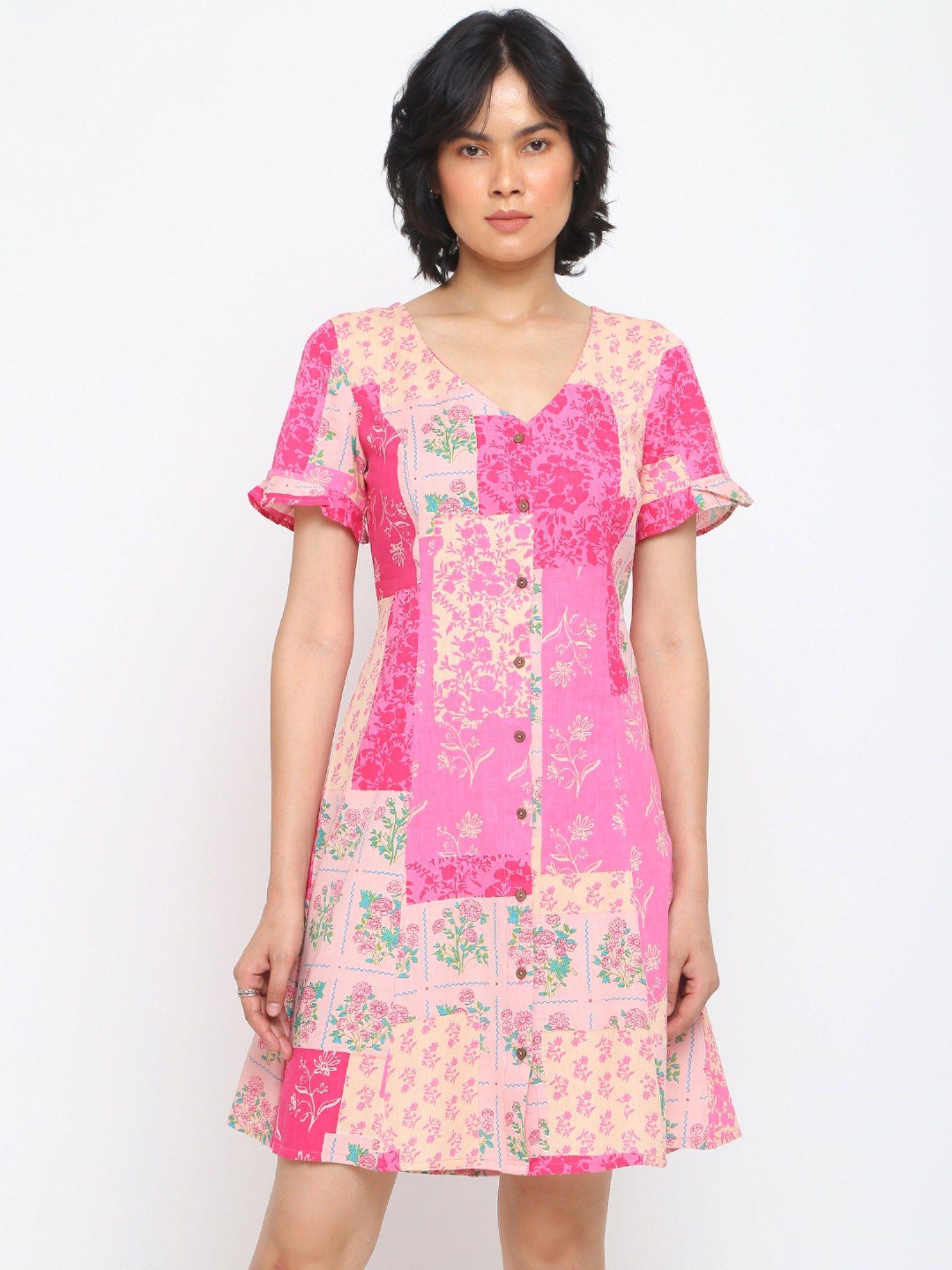 multi-color cotton linen printed short dress (xs)