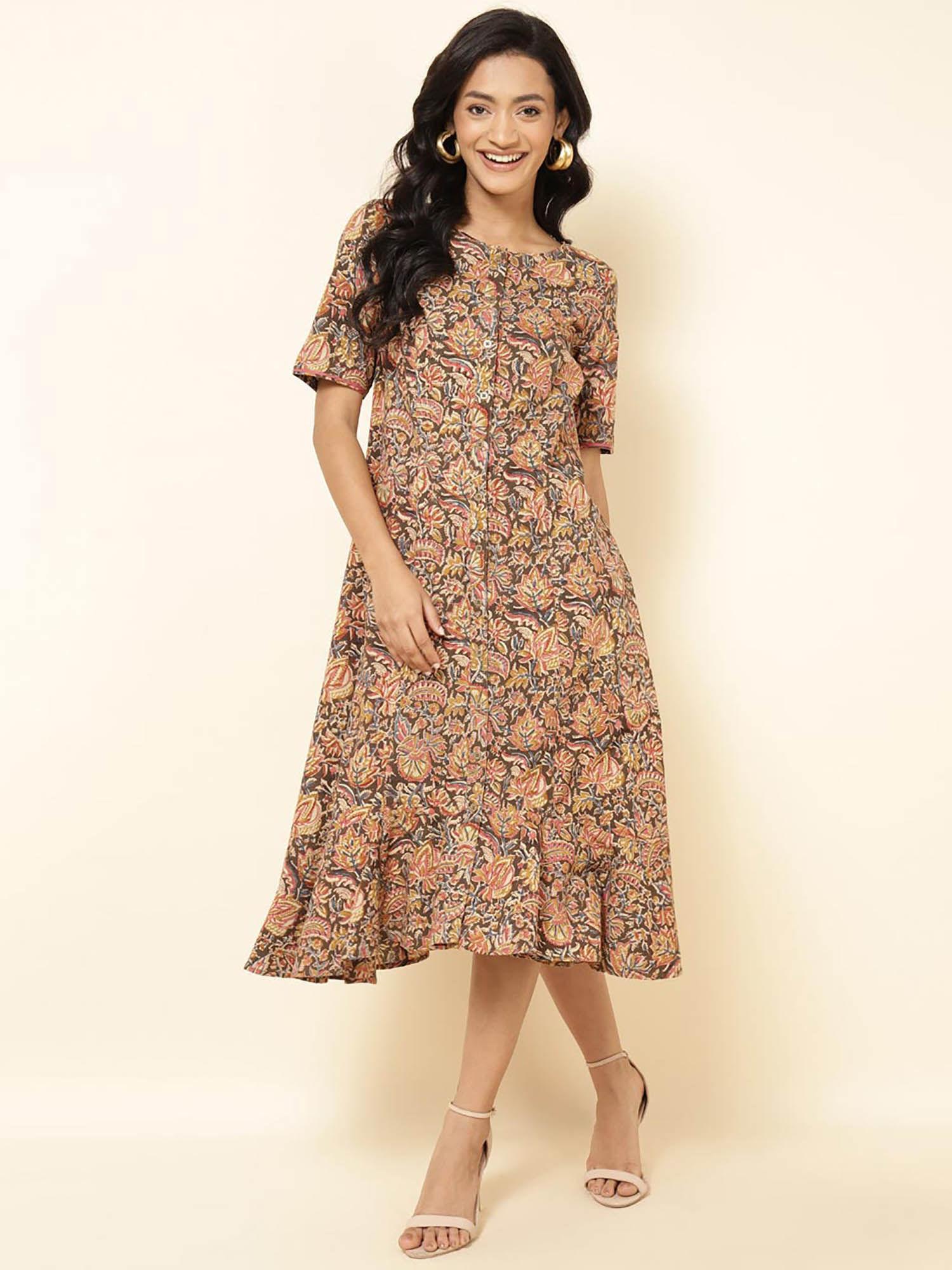 multi-color cotton printed midi dress