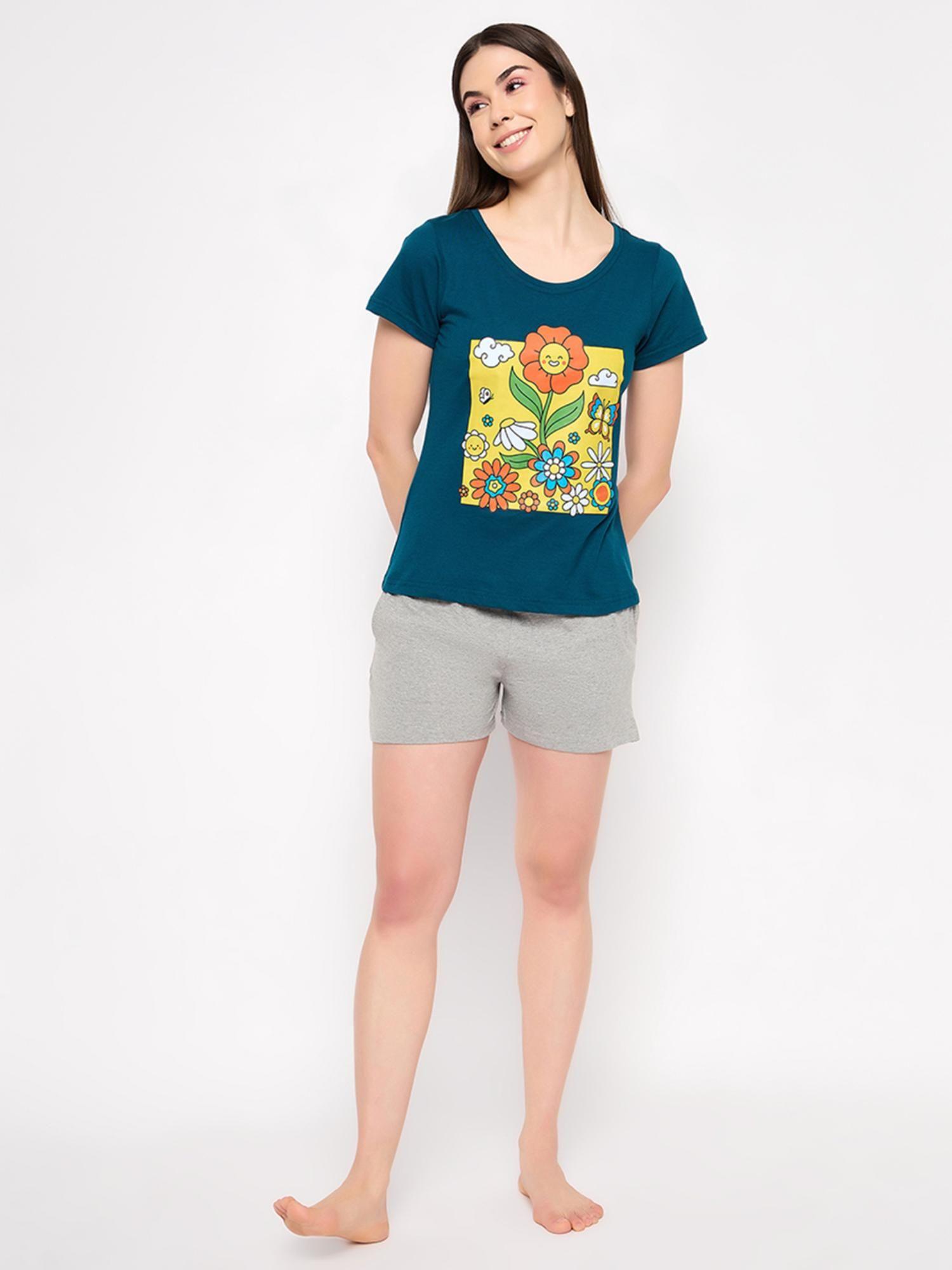 multi-color cotton printed t-shirt with shorts (set of 2)