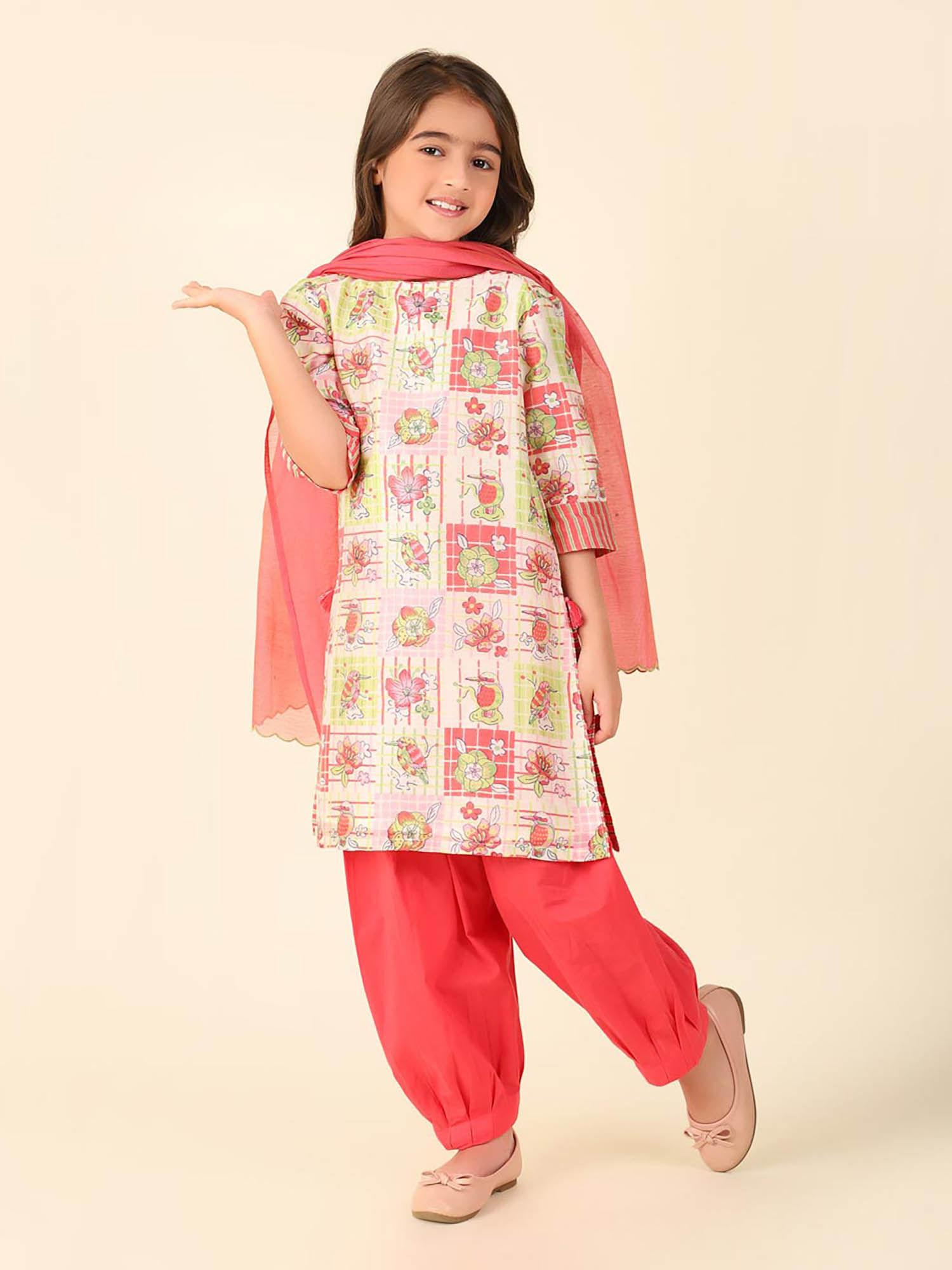 multi-color cotton silk printed kurta with salwar and dupatta (set of 3)