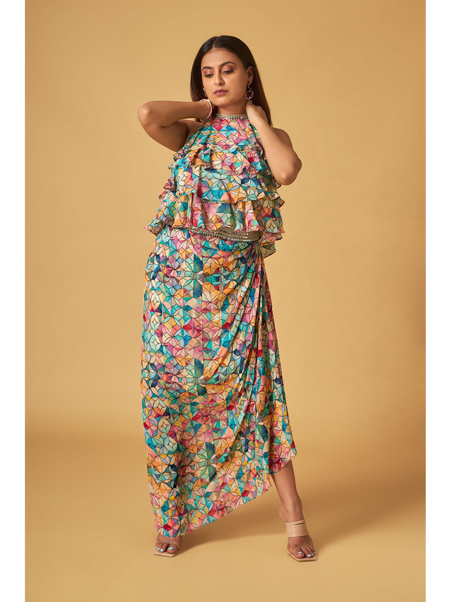 multi-color crepe printed draped skirt (set of 2)