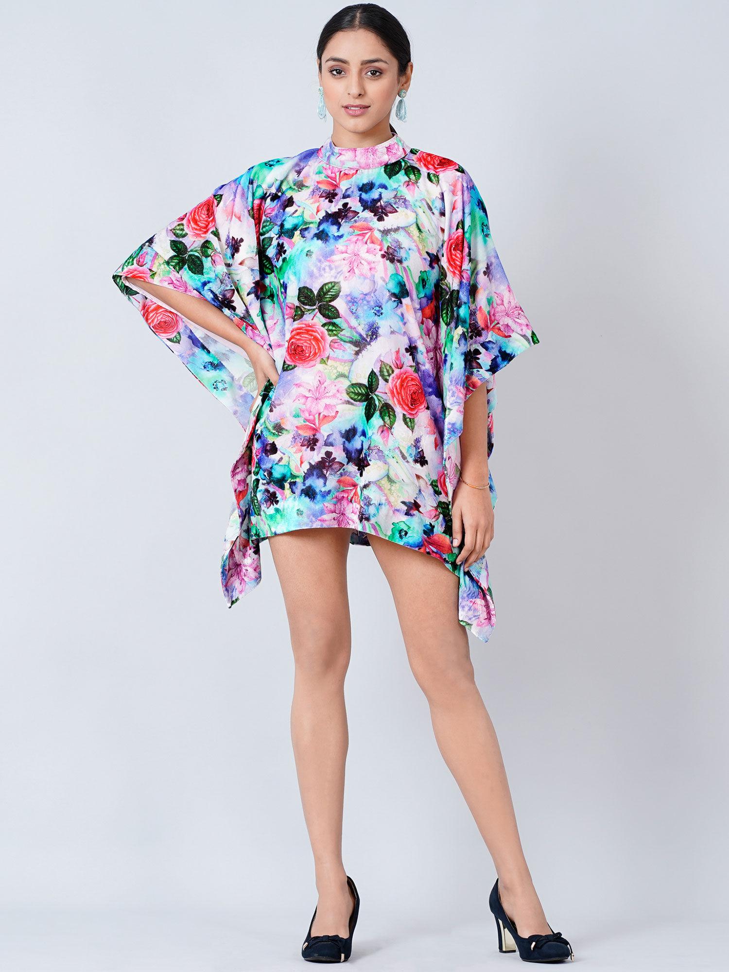 multi-color crystal studded floral silk velvet tunic