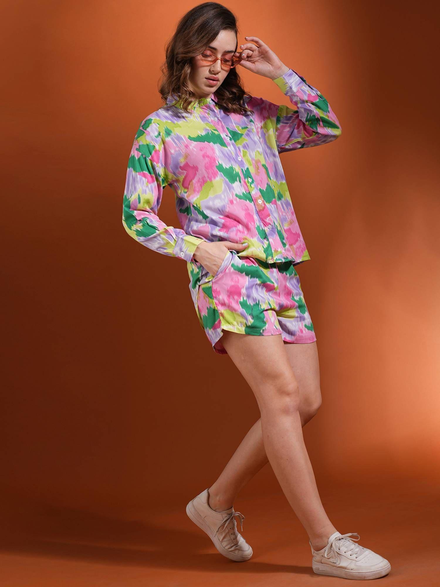 multi-color cuffed sleeves tie-dye oversized shirt and shorts (set of 2)