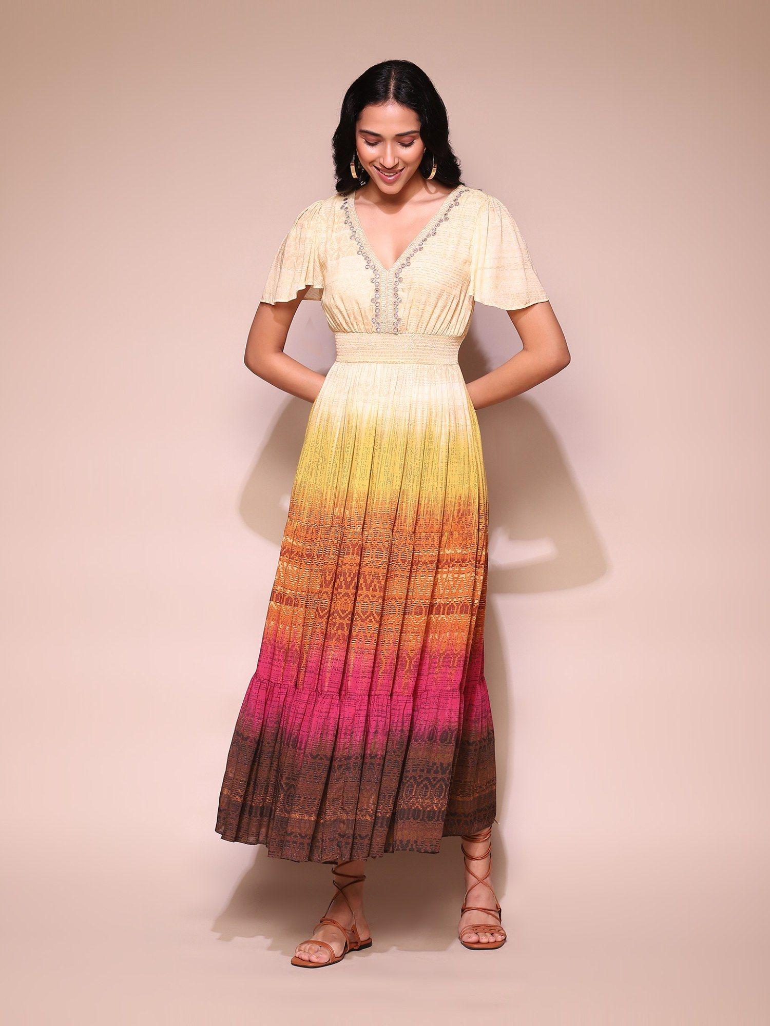 multi-color embroidered flared sleeves maxi dress