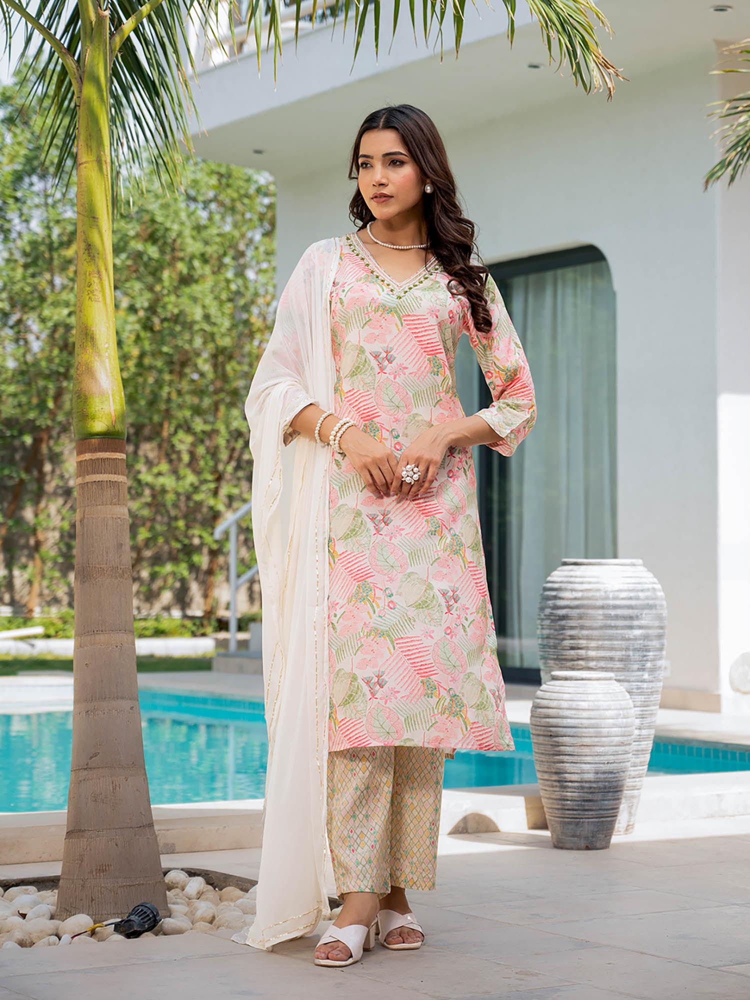 multi-color embroidered muslin kurta with pant and dupatta (set of 3)