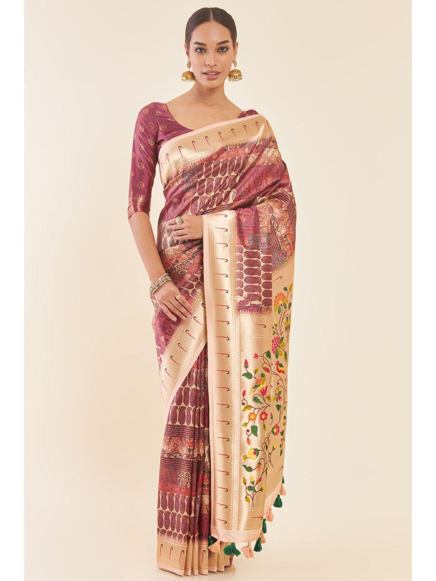 multi-color ethnic printed tussar with woven zari and floral design with unstitched blouse