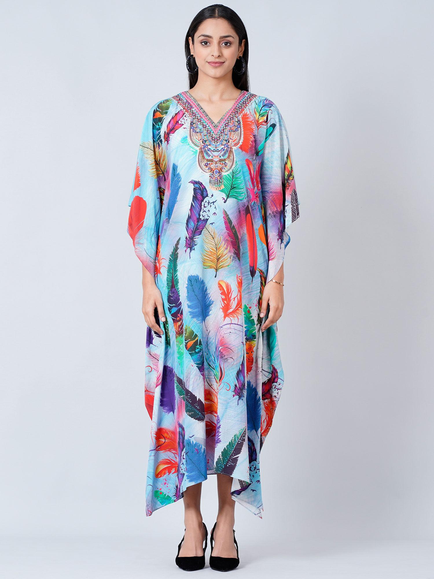 multi-color feather print embellished silk full length kaftan