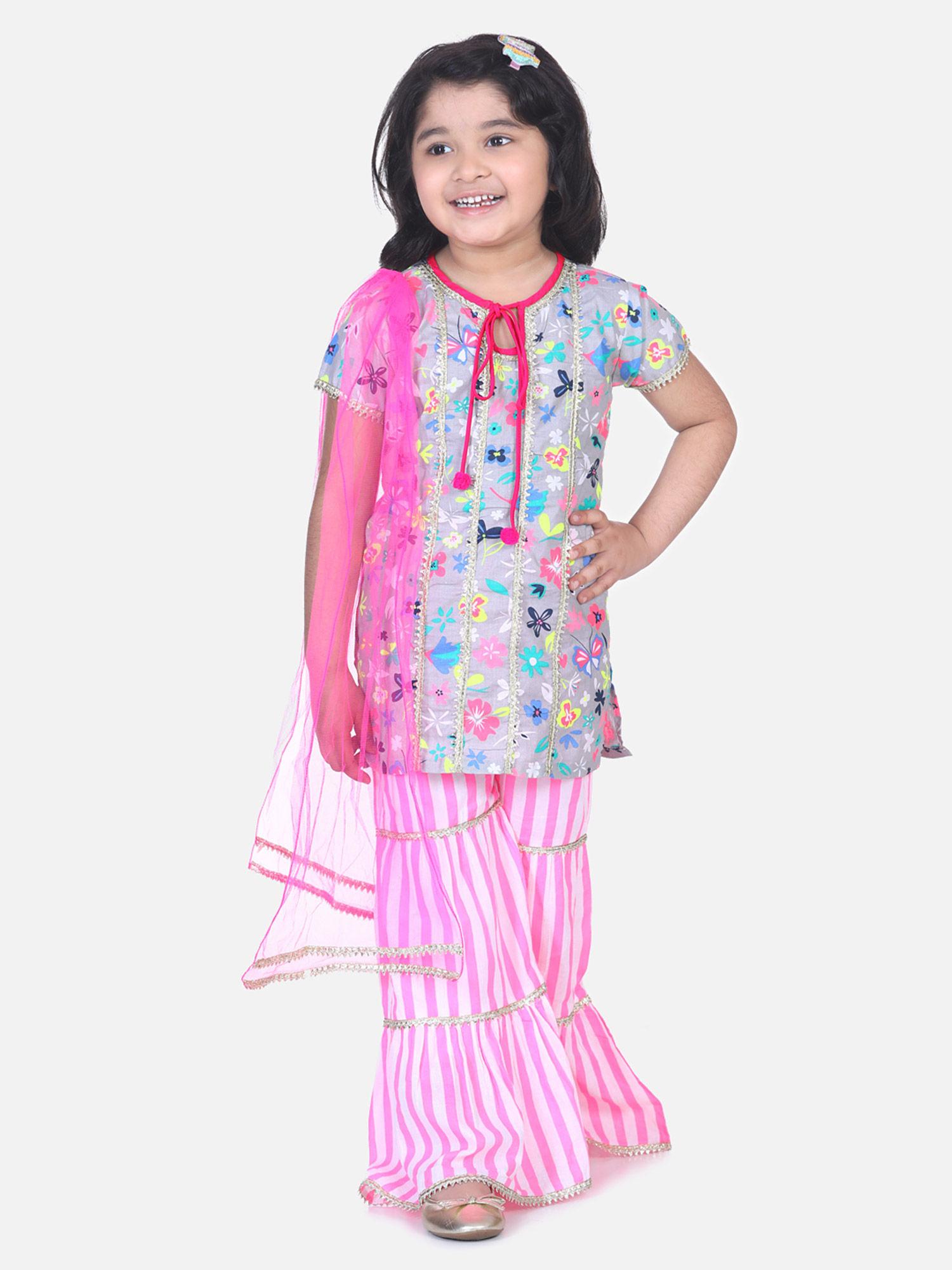 multi-color flora printed gota pom pom kurti with sharara set printed