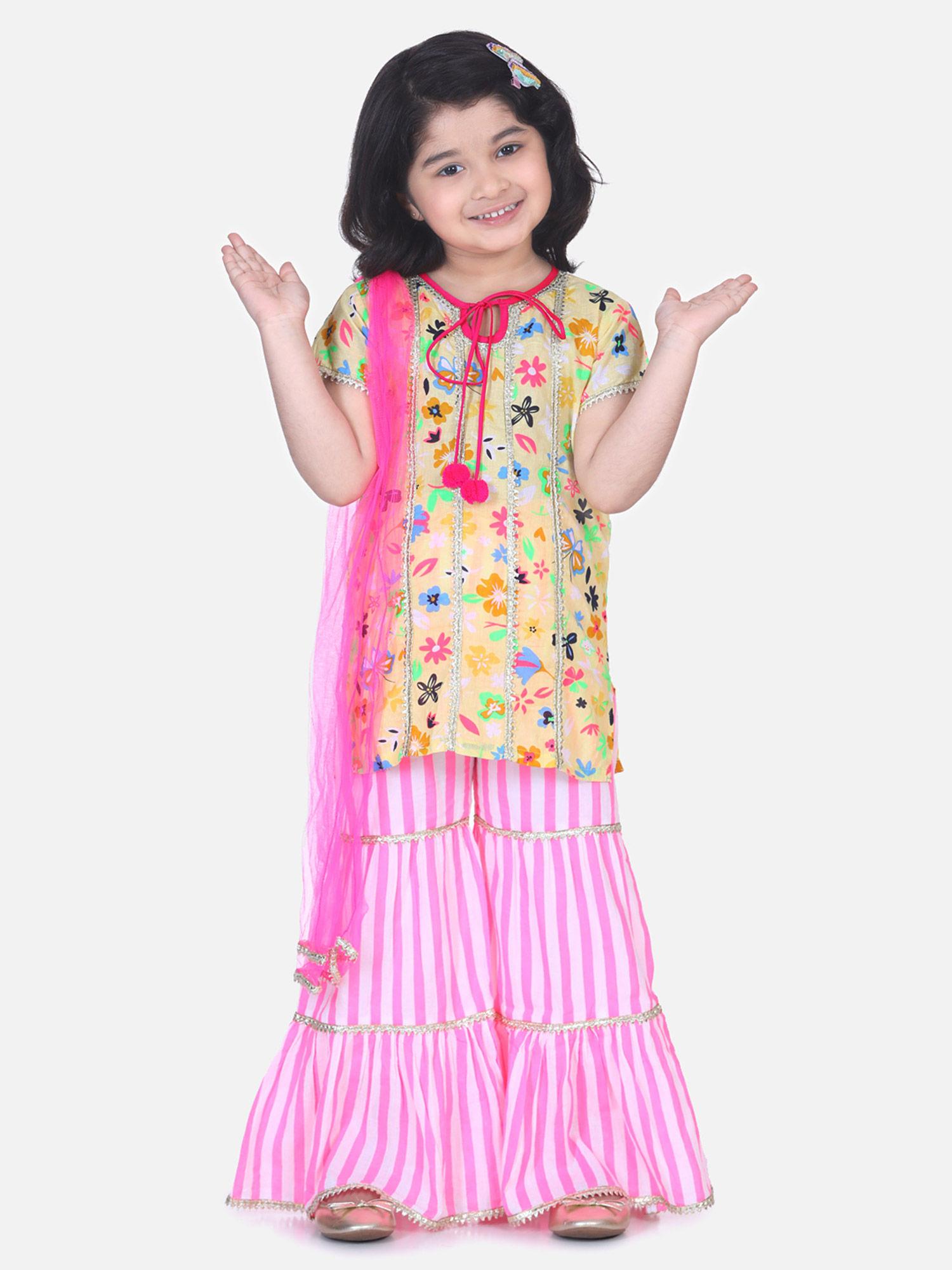 multi-color flora printed gota pompom kurti with sharara set printed