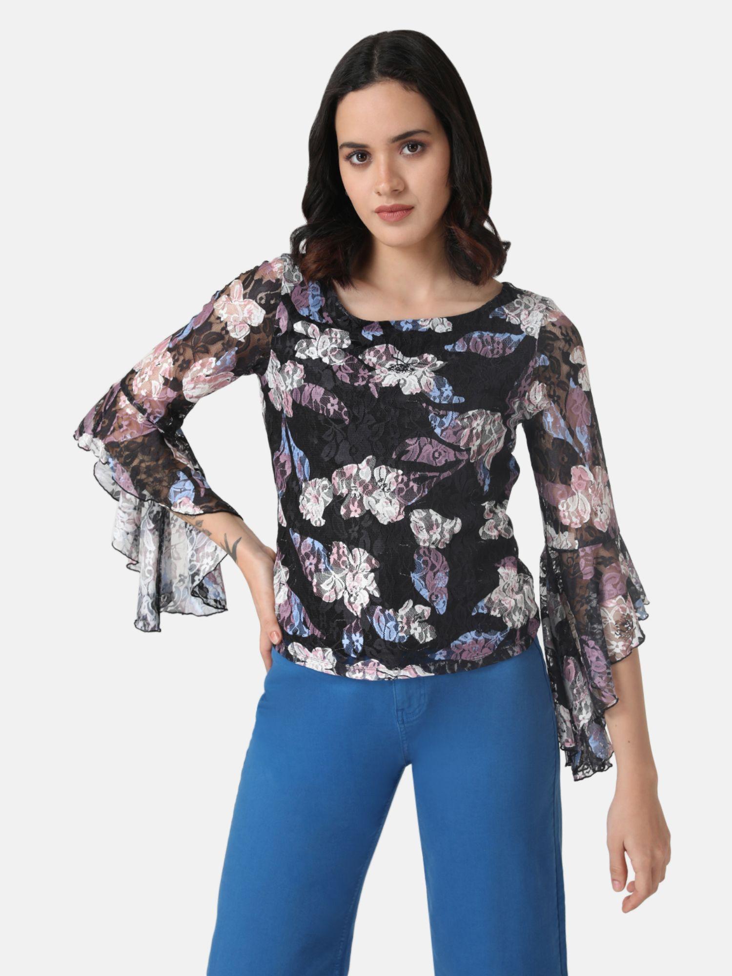 multi-color floral bell sleeves top